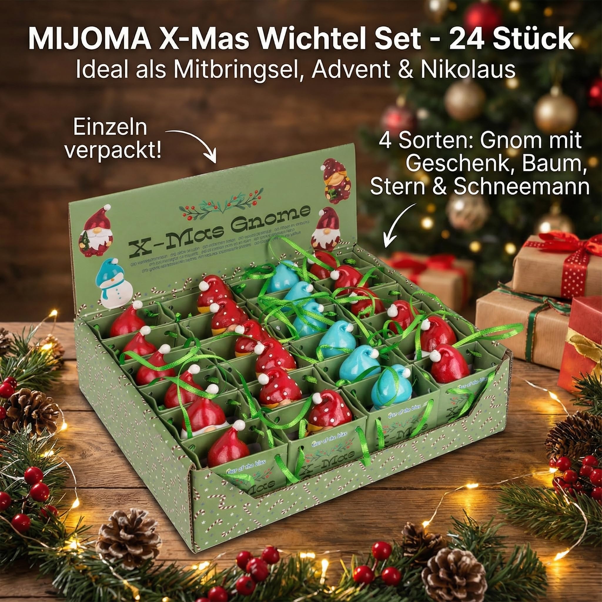 MIJOMA X-Mas zestaw 24 sztuk – dekoracja bożonarodzeniowa figurki z żywicy poliestrowej na wystawie – 4 rodzaje – 6 cm wysokości – pakowane pojedynczo – idealne jako upominek na adwent Mikołajki