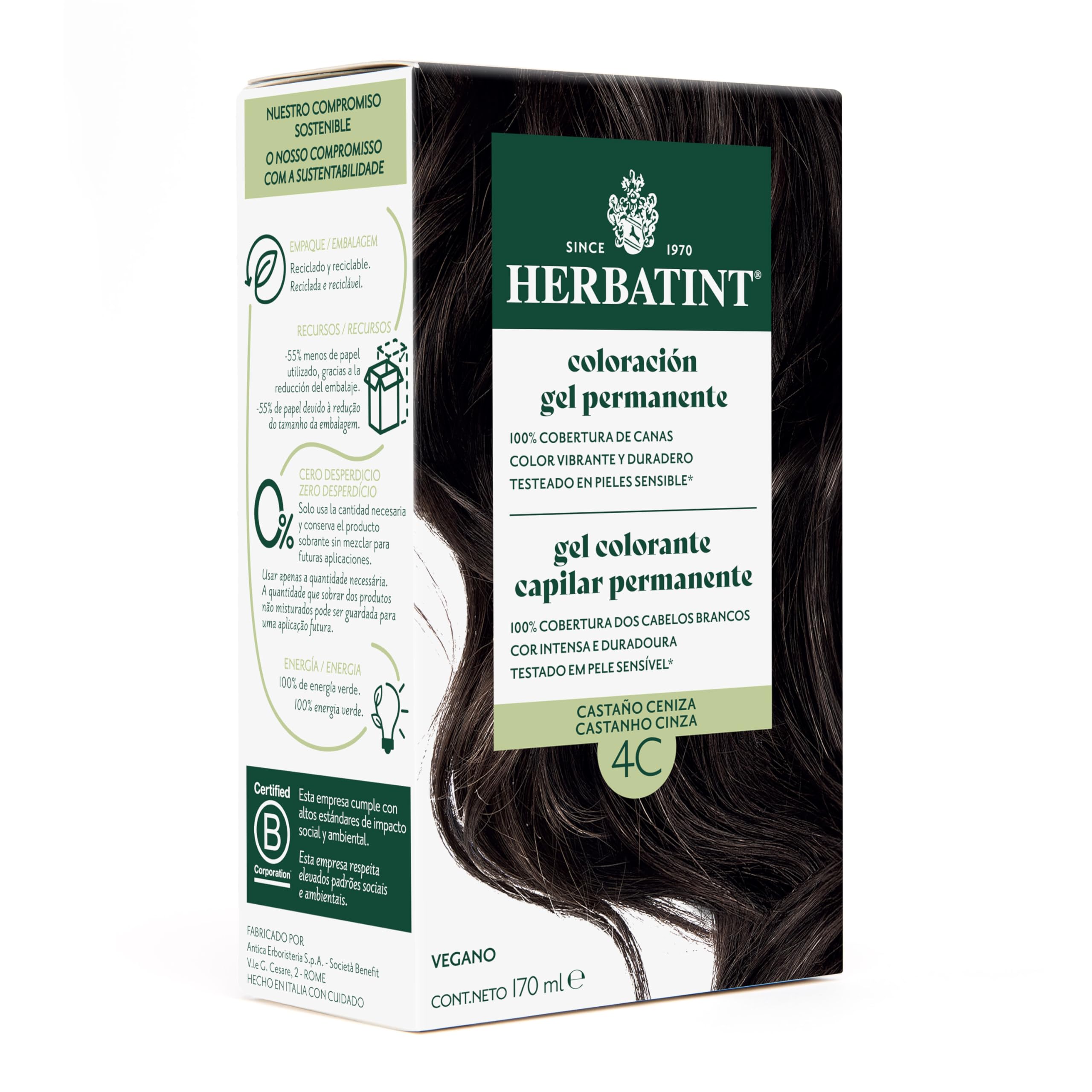 Herbatint Coloración Gel Permanente para Cabello 4C Castaño Ceniza - 170 ml | Sin Amoniaco, Cobertura Óptima de Canas | para Pieles Sensibles, con 8 Extractos Naturales Bio