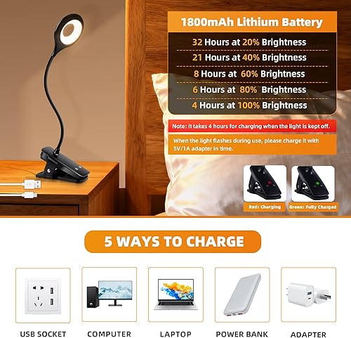 Miniatura 3 de Lámpara de escritorio LED con clip, 5 modos, 5 brillos regulables, luz de abrazadera regulable, batería recargable, lámpara de lectura flexible para