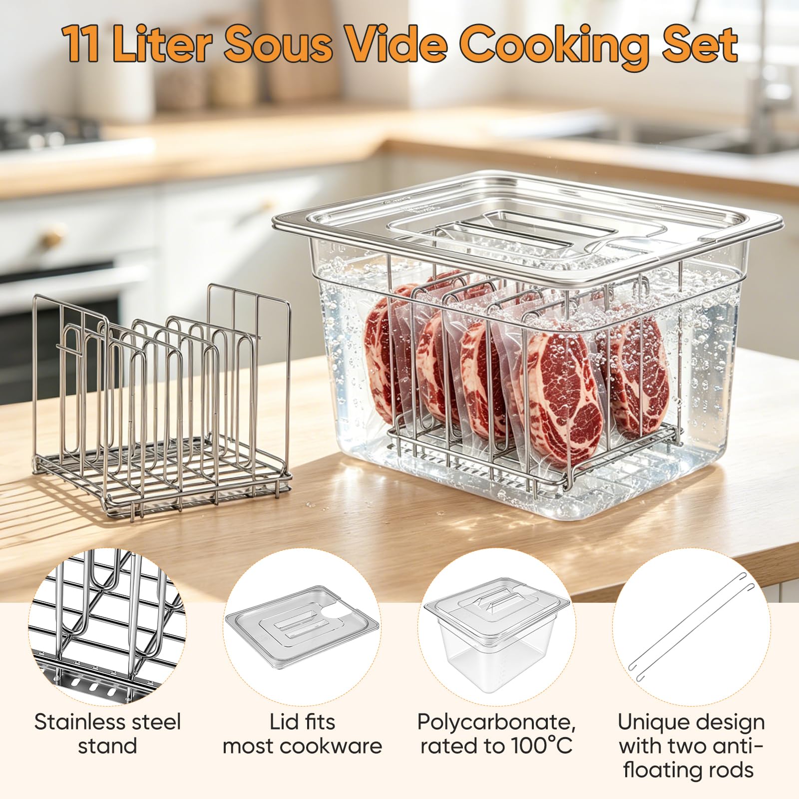 Sous Vide Behälter, 11L Sous Vide Container mit Deckel und Rack für Sous-Vide Stick Garer Mehrere Marken 32.5x26.5x20 cm Multifunktionaler Transparenter Behälter zum Kochen von Fisch Fleisch