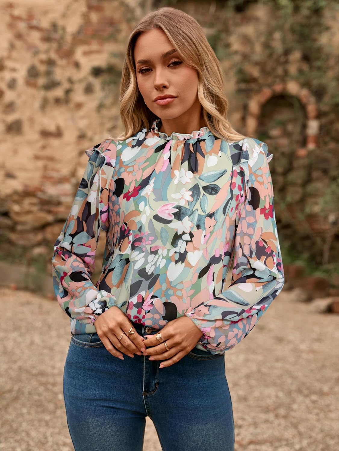 Simplee Womens Floral Boho Tops Trendy Ruffle Long Sleeve Blouses Fall Dressy Mock Neck Loose Casual Work Shirts - Image 2