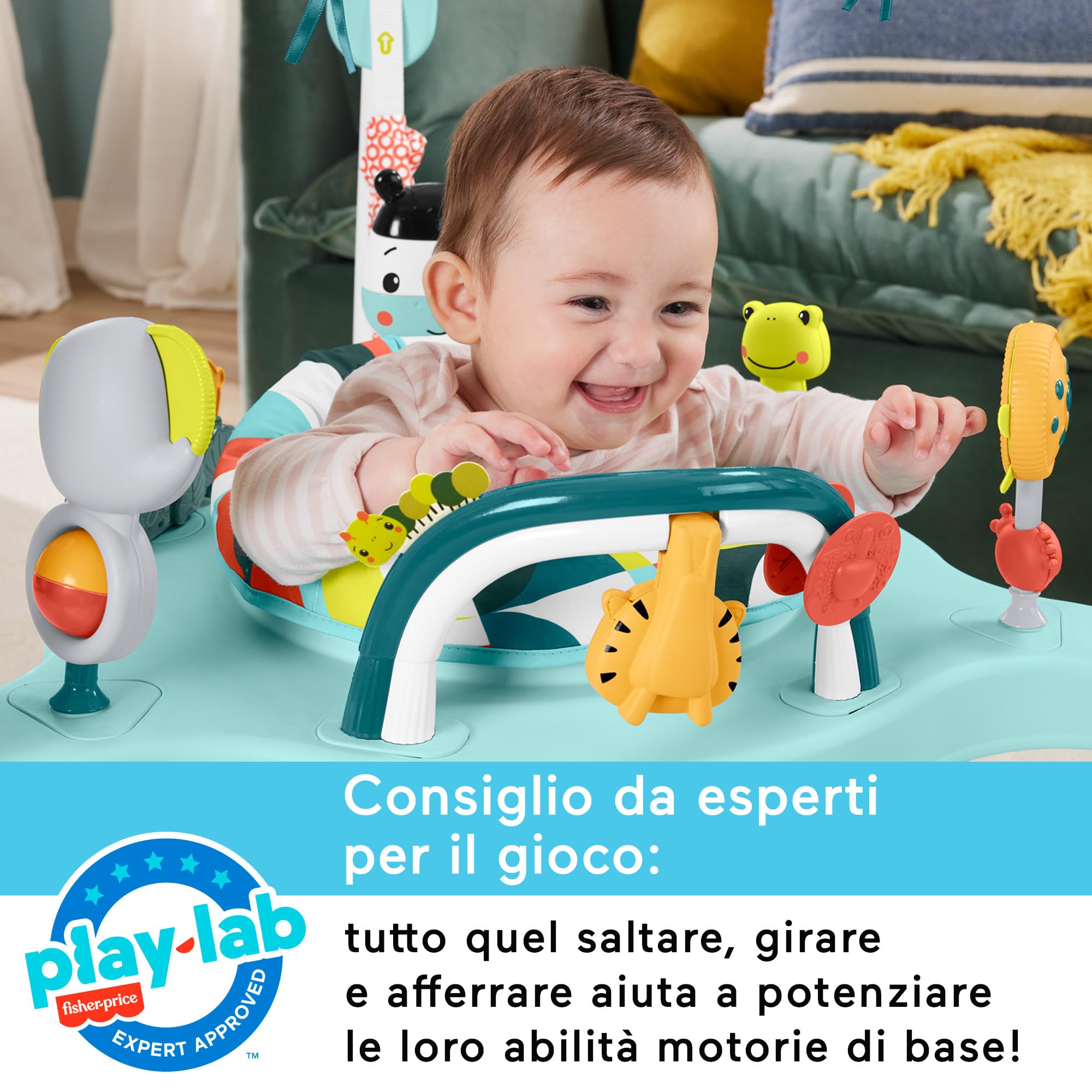 Fisher-Price - Centro Attività Arcobaleno, con luci, 20 minuti di musica e suoni, seggiolino girevole, tanti accessori e amici animali, giocattolo per bambini, 0+ anni, HNX59