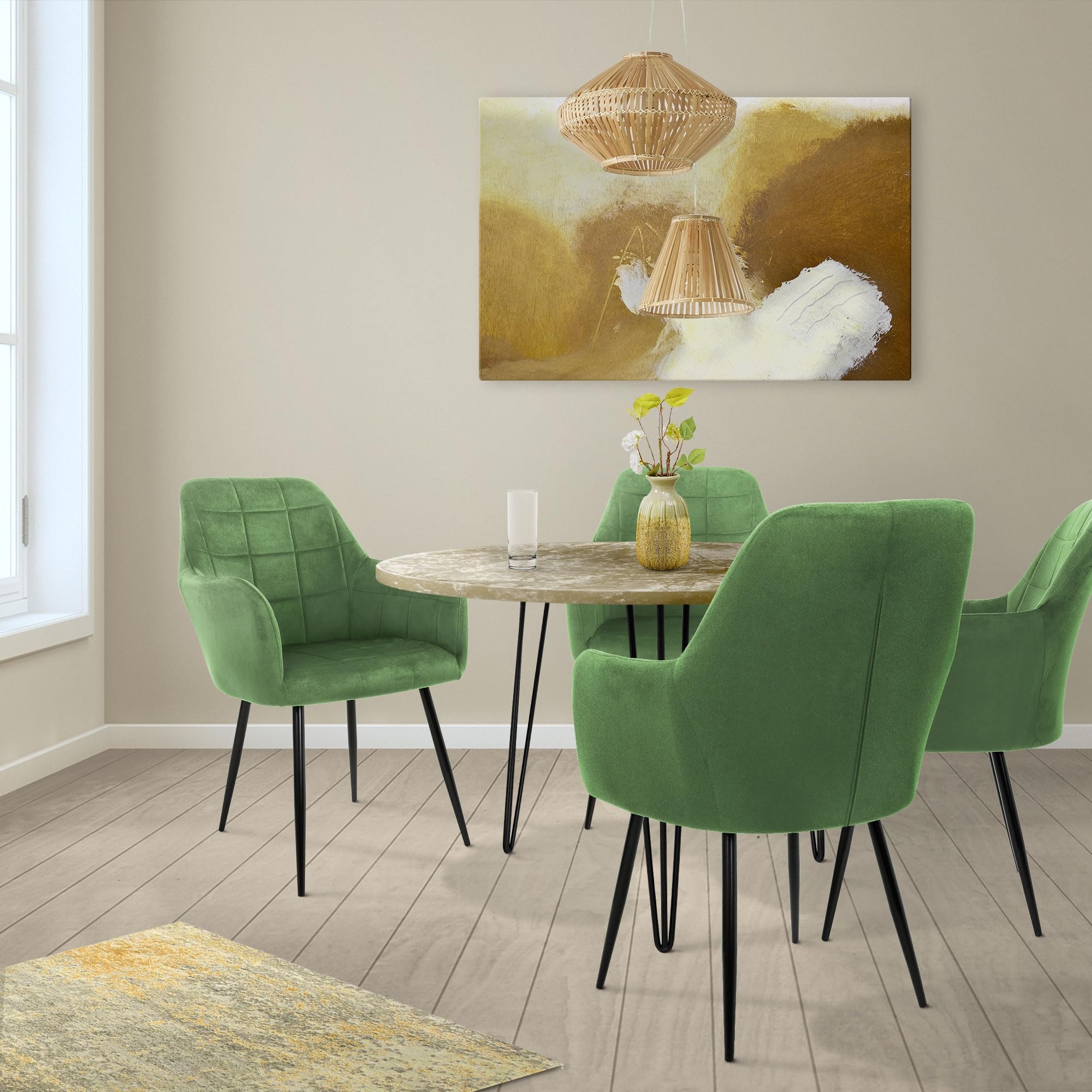 ECD Germany Set di 4 Sedie Sala da Pranzo con Schienale e Braccioli Verde Chiaro Salvia Poltrone Soggiorno Cucina con Rivestimento in Velluto e Gambe in Metallo Poltroncine da Salotto Confortevoli