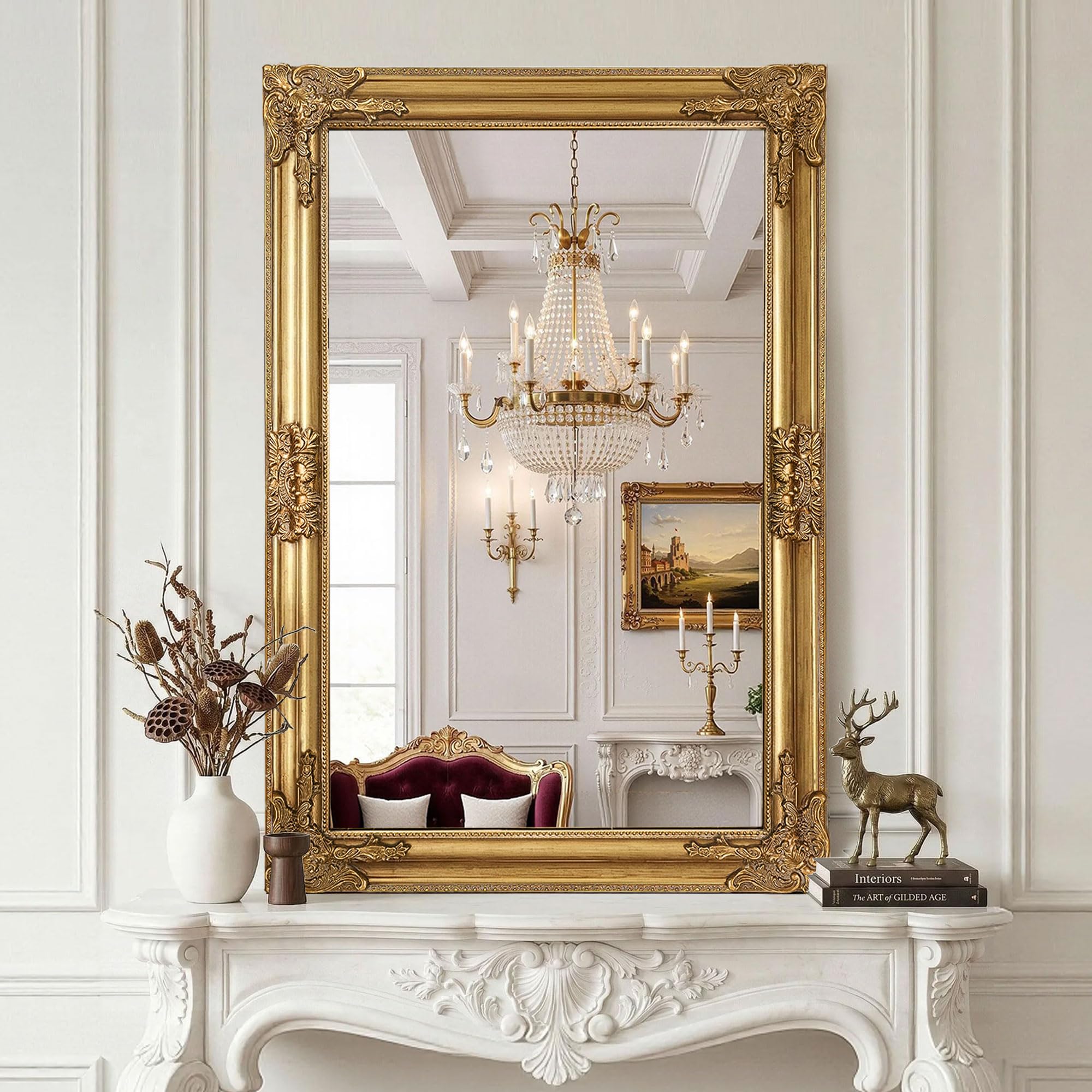 LAWADA Vintage 30x45 Ornate Baroque Gold Mirror