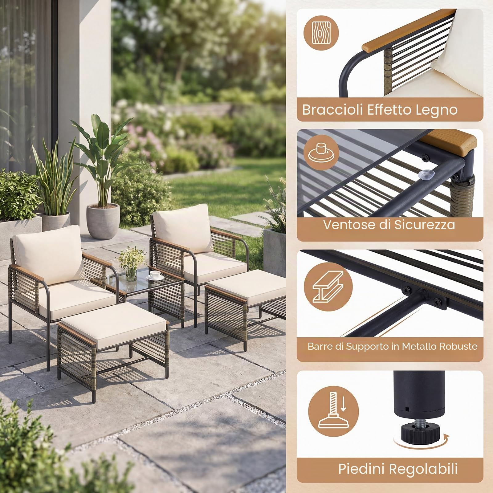 LIFEZEAL Set di Mobili da Giardino in Rattan 5 Pezzi, Arredamento per Balcone con Cuscino e Tavolino, Set di Sedute con Poltrone, Pouf, per Terrazza, Balcone, Giardino (Beige, 5 Pezzi)