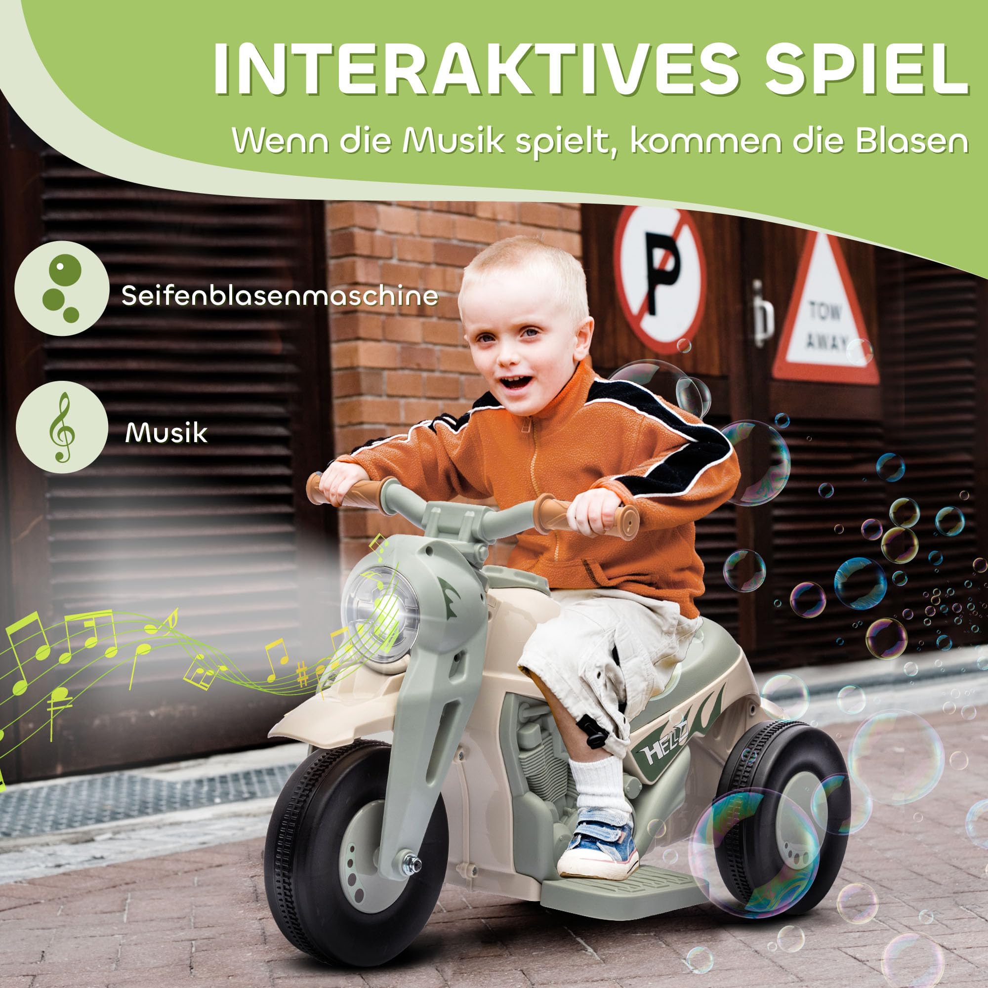 Moto elettrica per bambini AIYAPLAY, moto per bambini da 6V con musica, bolle di sapone, veicolo per bambini con faro, 2,5-3 km/h, per bambini da 2 a 5 anni, max. 30 kg, bianco crema