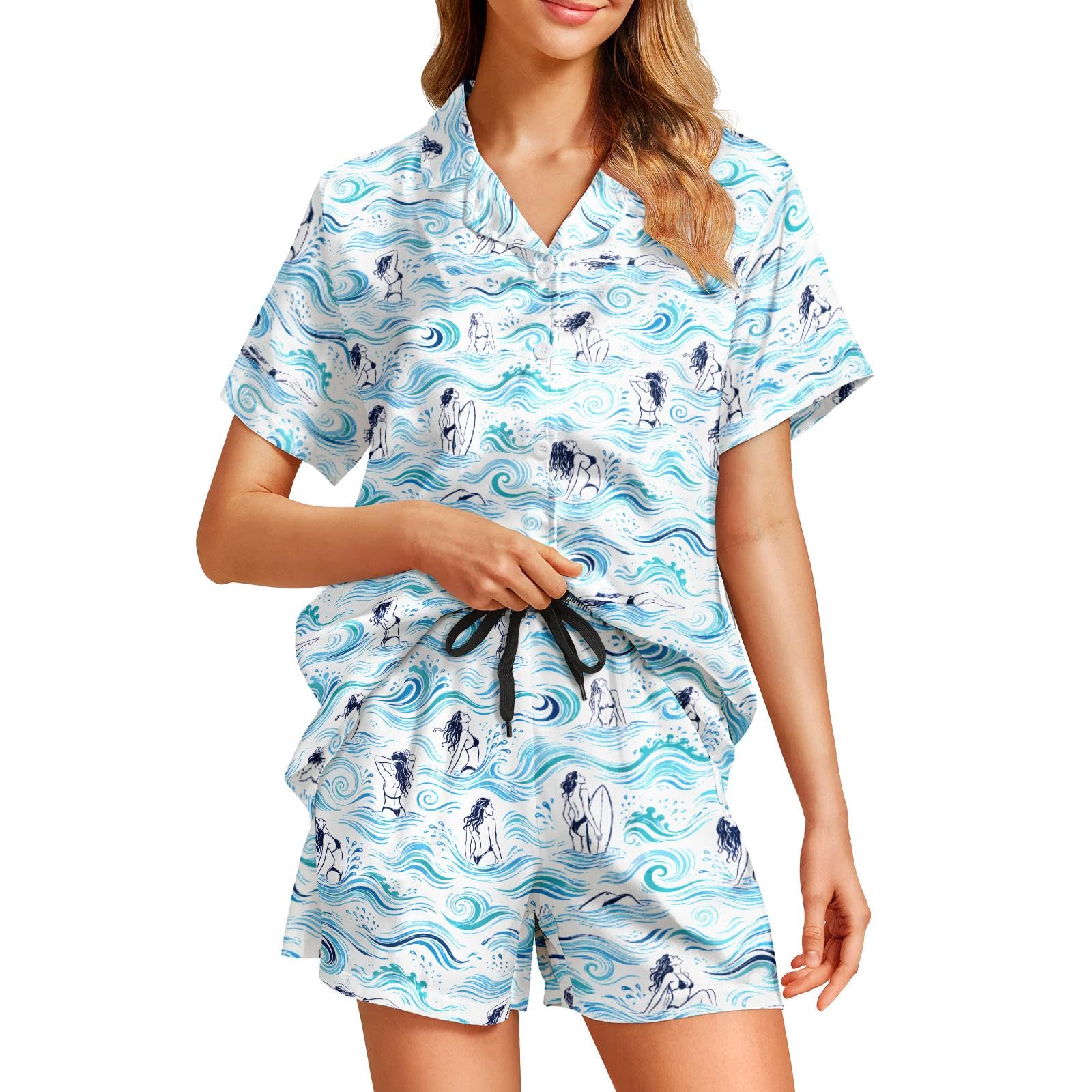 Funny Pajamas for Women Set Print Satin Loungewear Pjs Short Sleeve Button Down Top and Shorts Sets Sleepwear XS-3XL