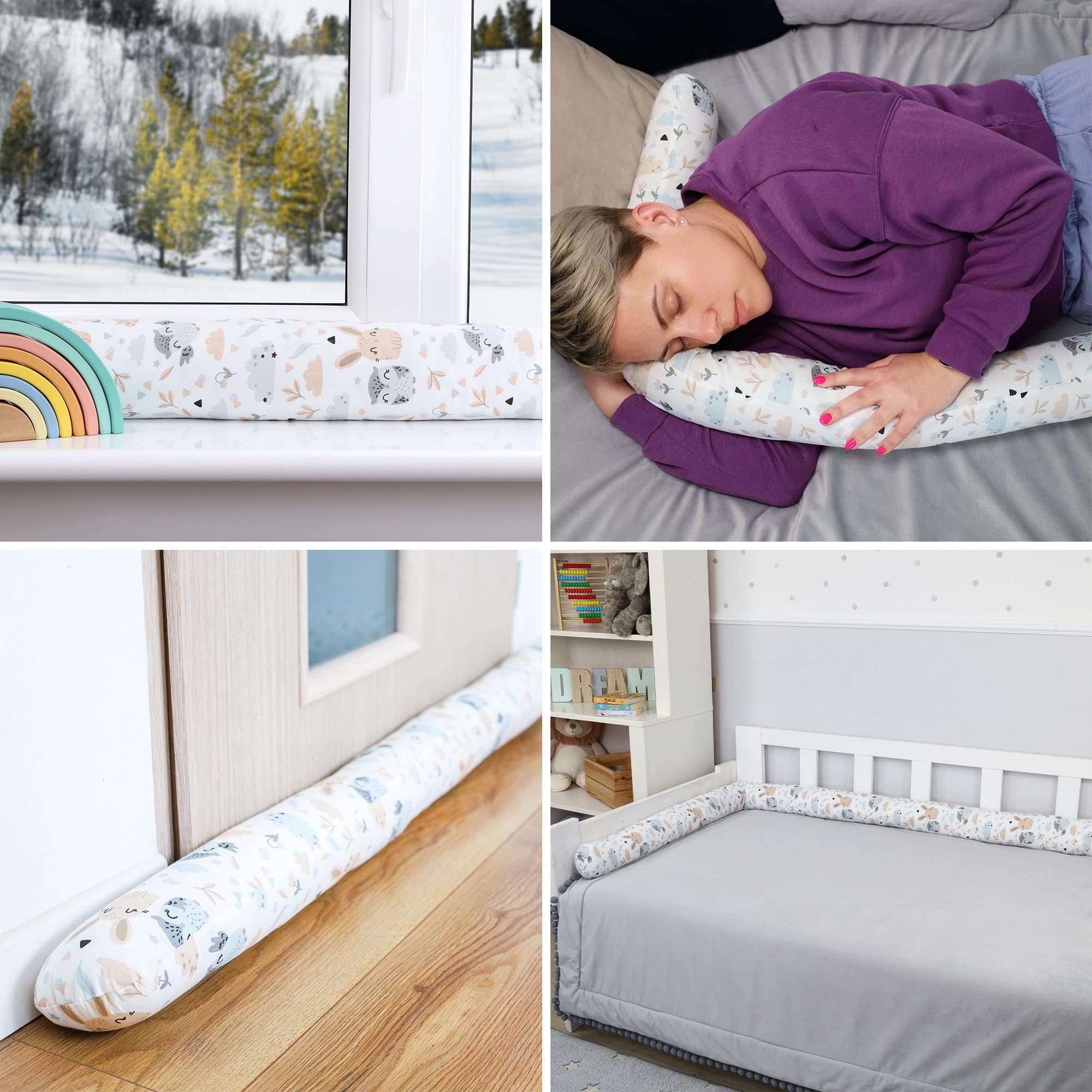 Totsy Baby Cojín Serpiente XXL Almohada de Cama Cojín de Lactancia Rollo de Cama Protector de Borde de Cama Cojín Decorativo Alrededor de Cama Serpiente XL Gris Claro con búhos 300 cm Oeko-Tex — view 5