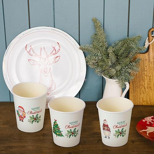 Miniatura 7 de Hotop 120 tazas de Navidad de 9 onzas, árbol de muñeco de nieve de Papá Noel, oso polar, alce, suministros para fiestas, desechables, café, té,