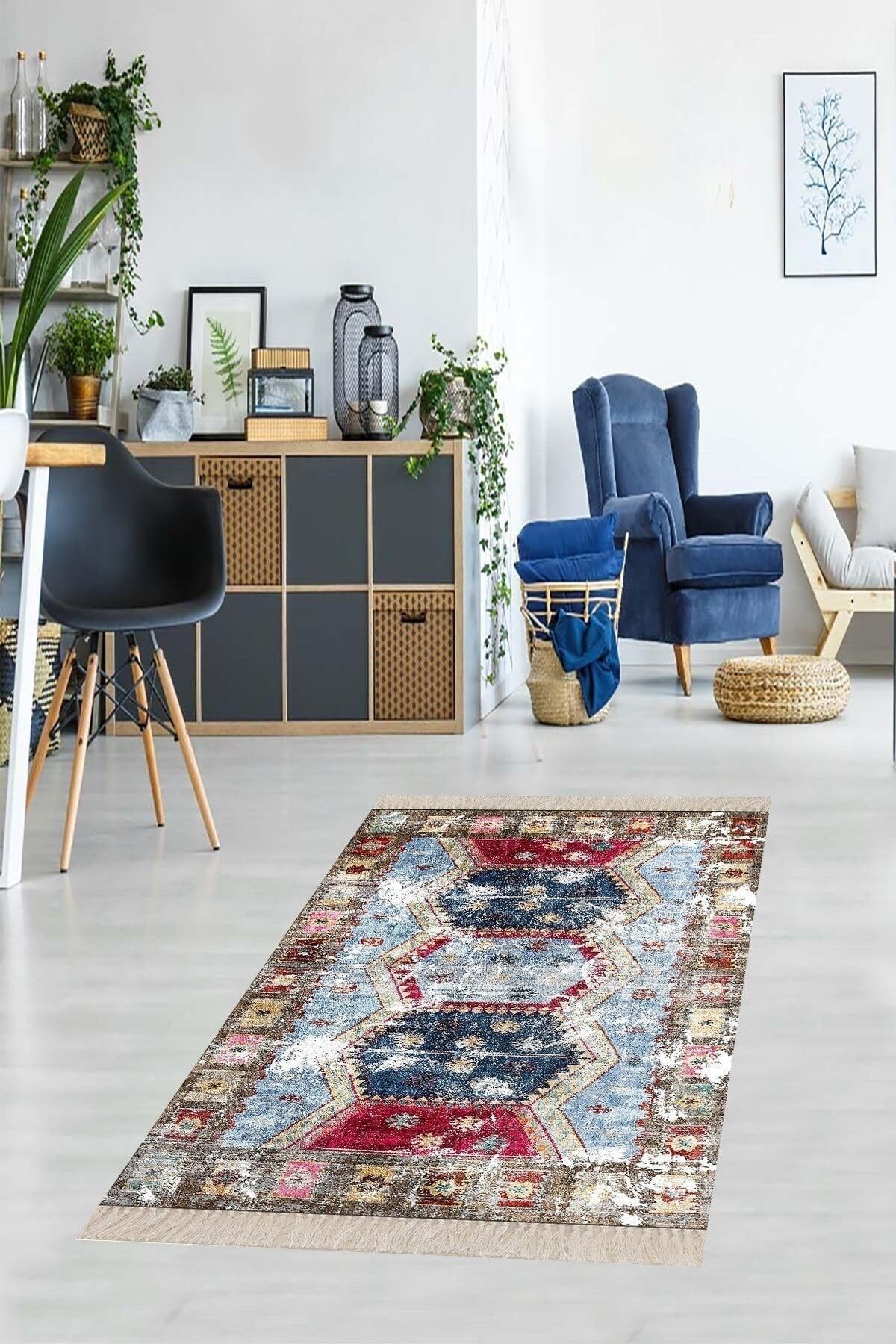 On The Clouds Kilim Desenli Etnik Dijital Baskı Yıkanabilir Kaymaz Taban Eskitme Salon Halı ve Yolluk BFOETN10, 180 x 280