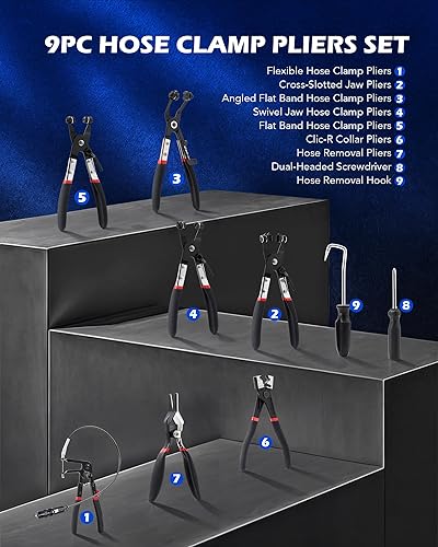 Miniatura 2 de Orion Motor Tech 9 alicates de abrazadera de manguera con alambre flexible de largo alcance giratorio y alicates de banda plana para calentador de