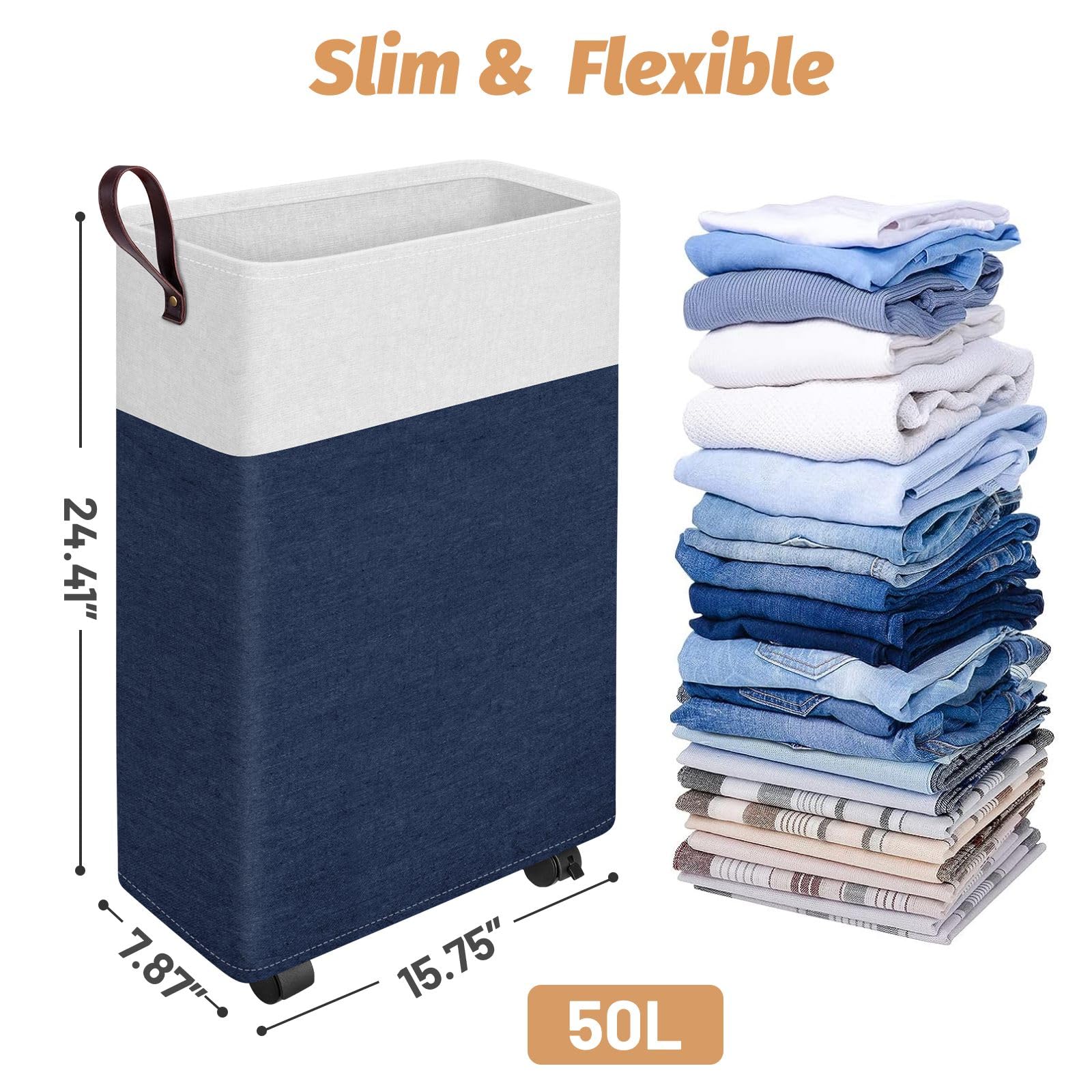 EpicTotes 24.4-Inches Rolling Slim Laundry Basket on Wheels, Collapsible & Waterproof Laundry Hamper, Freestanding Narrow Corner Clothes Bins with Easy Carry Handles for Clothes & Toys at Home, Blue