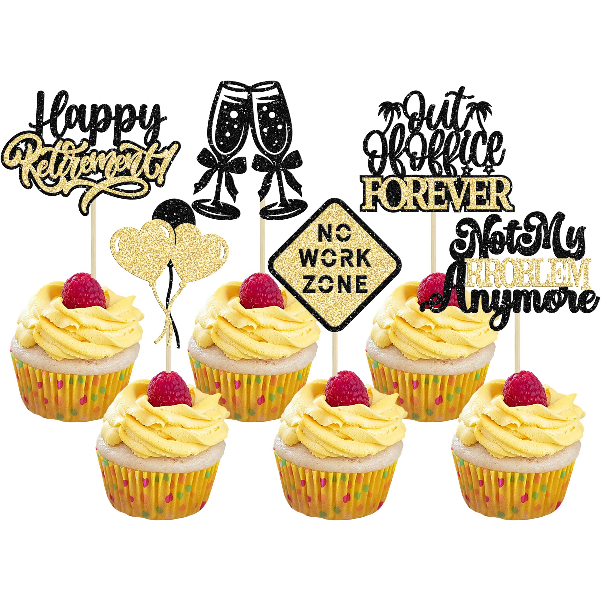 Gyufise 24Pcs Happy Retirement Cupcake Toppers Glitter Officially Retired Cupcake Picks No Work Zone Retirement Party Decorations for Farewell Birthday Party Supplies Black