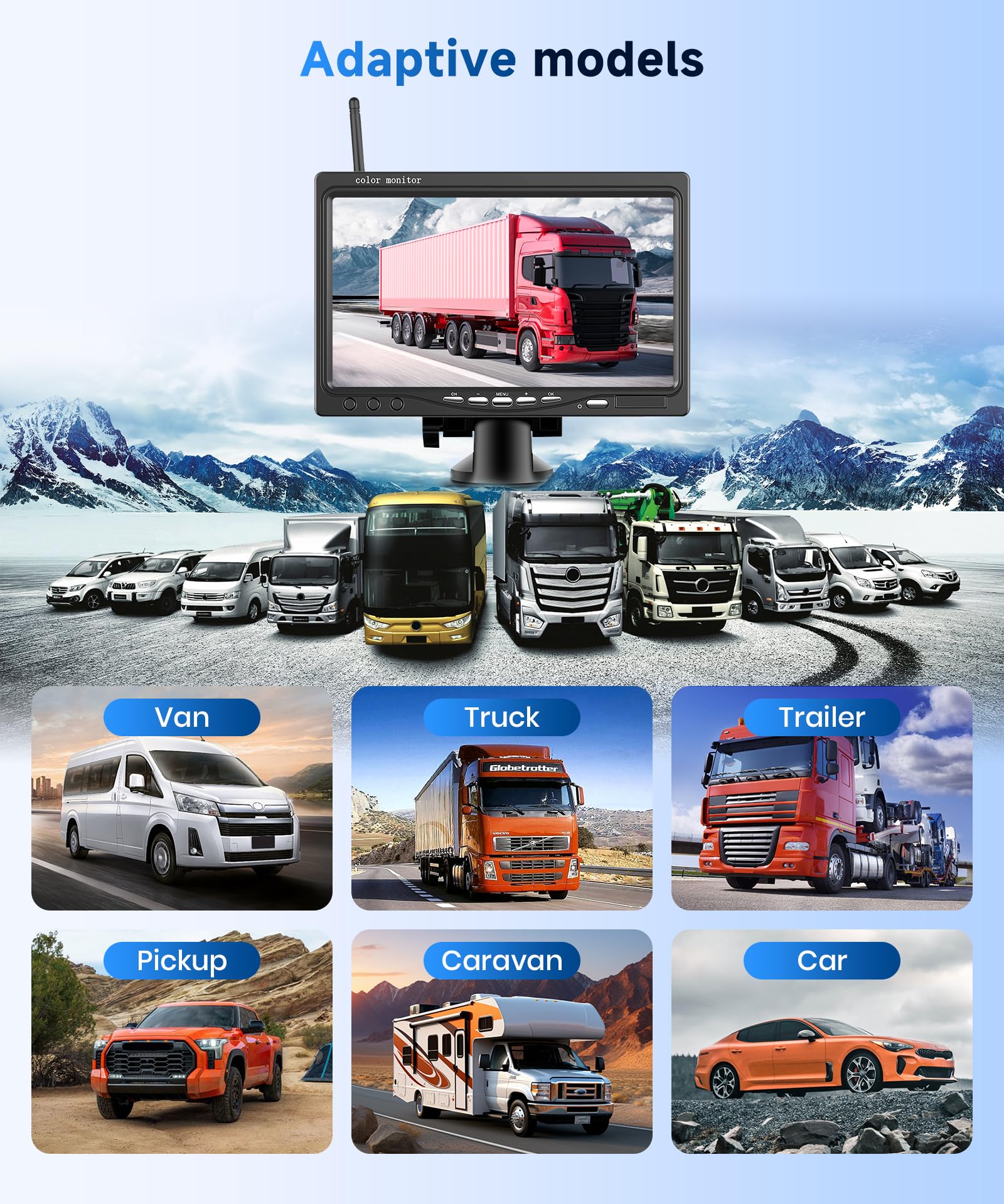 Digitale Senza Fili Telecamere Retromarcia 4 Telecamere Kit, 7 Pollici IPS Monitor 4 Schermo Diviso con Visione Notturna, BSD/Image Flip Telecamera Posteriore Auto Camion/Bus/Furgone/Camper/Rimorchio