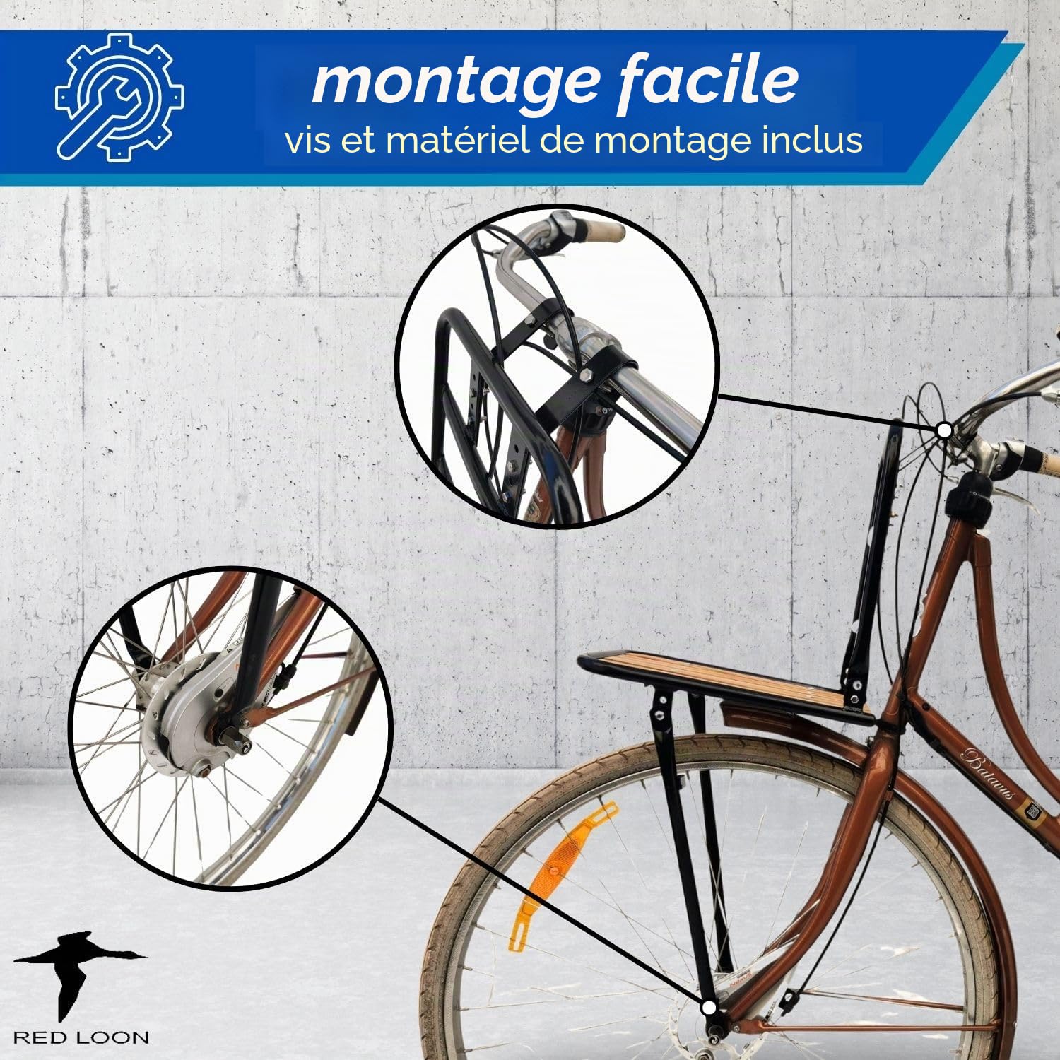 Red Loon Porte-Bagages Avant pour Vélo Hollandais | Loader en Acier/Bois avec Support en Bois