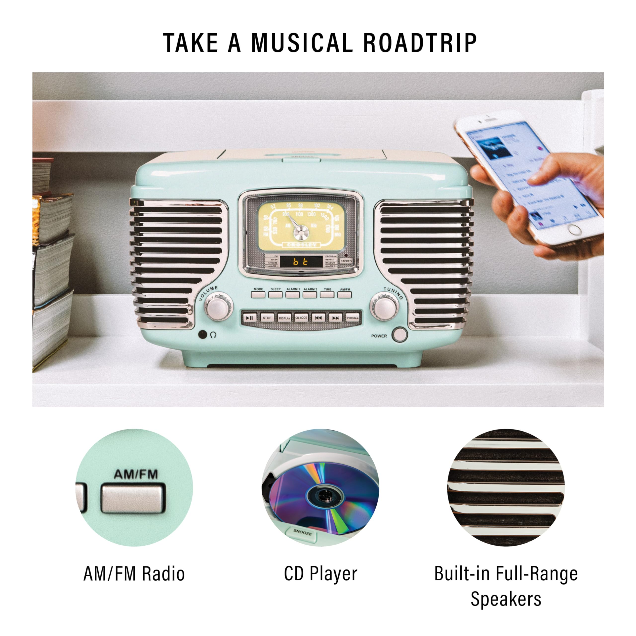 Crosley CR612B-AB Corsair Tabletop AM/FM Bluetooth Radio with CD Player and Dual Alarm Clock, Aqua Blue
