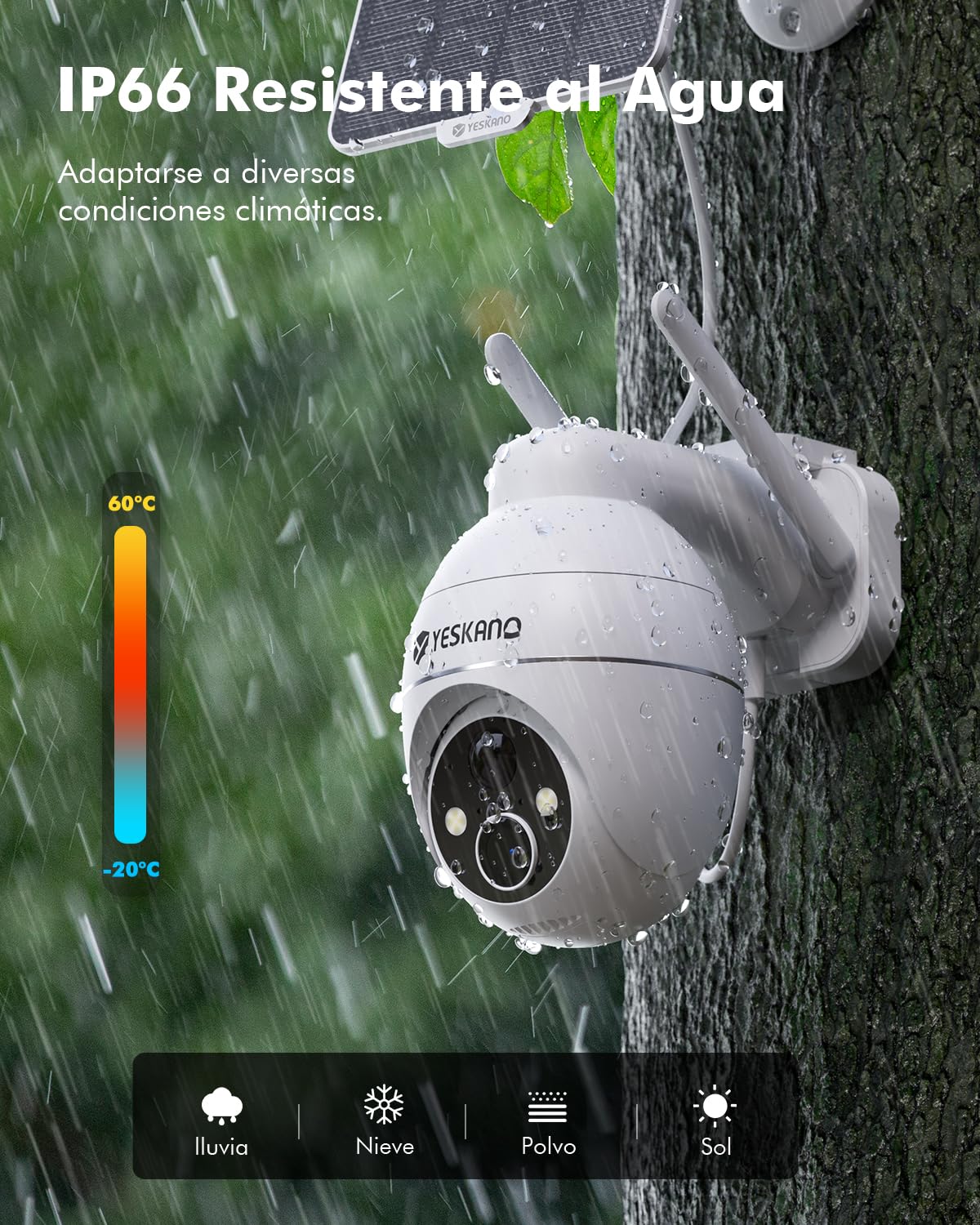 YESKANO 2K Camara Vigilancia WiFi Exterior Solar con Bateria, 360°PTZ Camaras de Vigilancia sin Cables con Panel Solar, Visión Nocturna de Color, Detección de IA, PIR Sirena, Voz Bidireccional, IP66