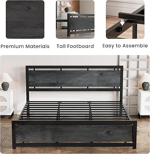 Miniatura 22 de LIKIMIO - Base de cama de plataforma tamaño King con cabecera de madera estilo industrial y 12 fuertes patas de metal de soporte, fácil de montar,