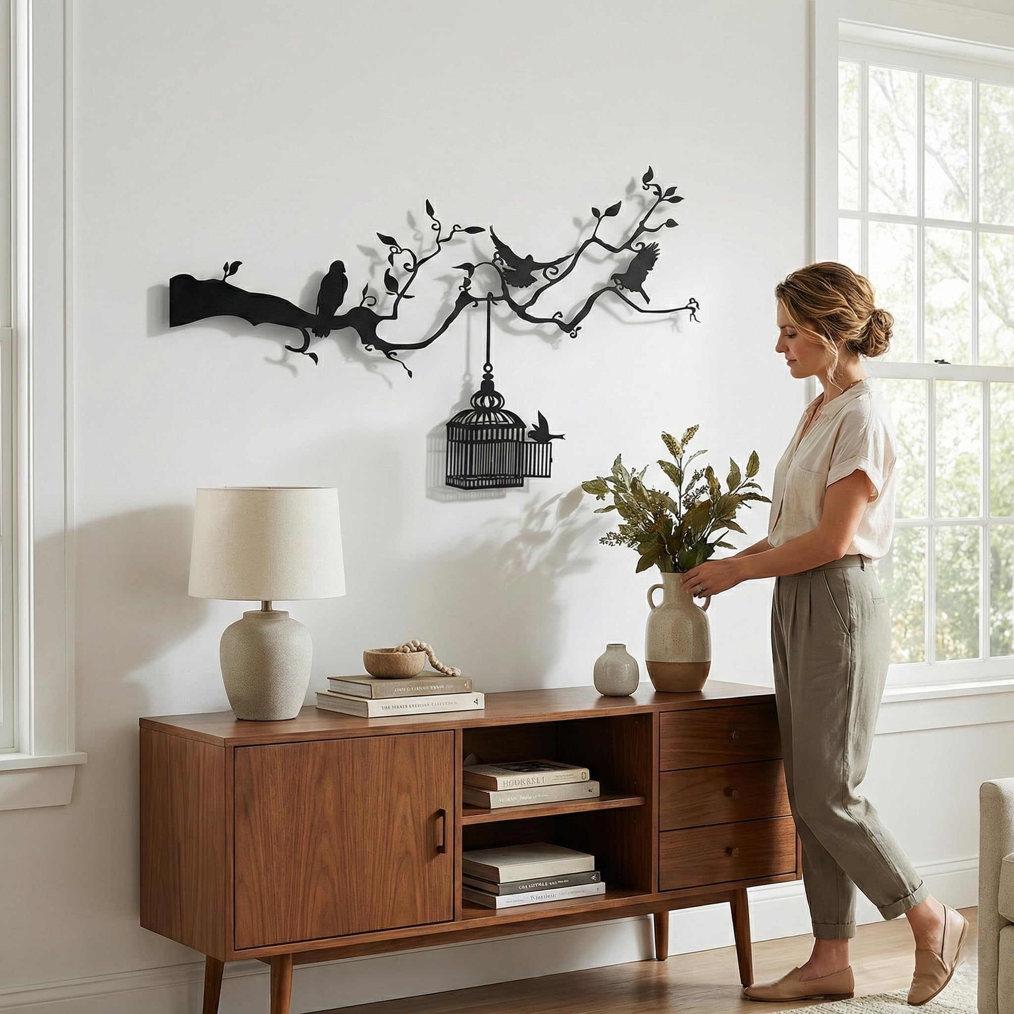 DEKADRON Décoration murale en métal, Oiseaux en liberté, Décoration murale en cage métallique et oiseaux, Décoration murale en métal, Oiseaux sur une branche, Art des oiseaux (75x46 cm / 30" L x 18" H