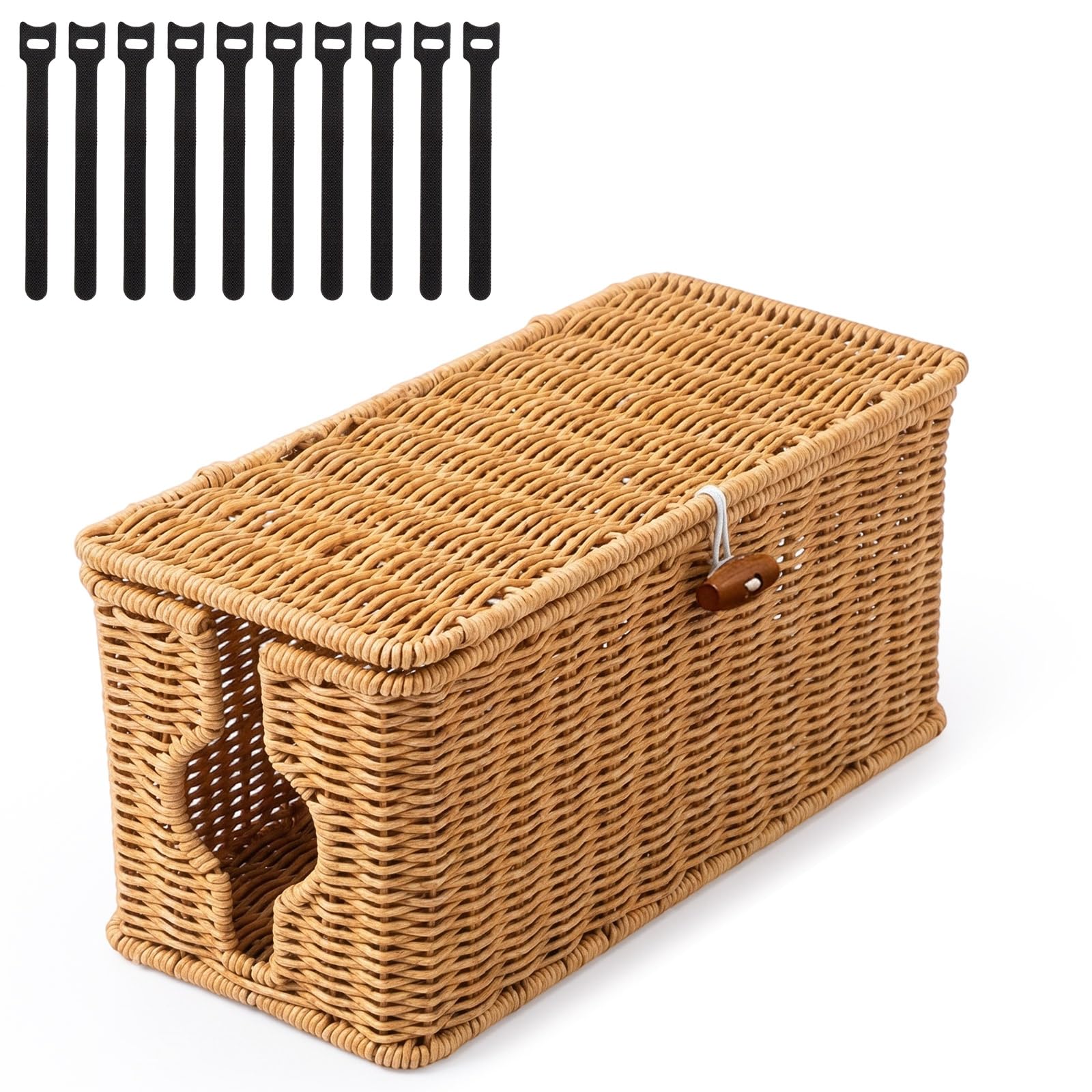 Handmade Cable Management Box - Imitation Rattan Cable Tidy Box with Lid Wooden Double Open Slot with Ties Cable Storage Box Dustproof Management Socket for Computer Router Hub Power Strip