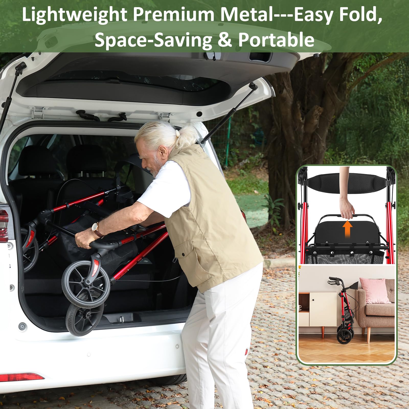 WALK MATE Andador plegable y ligero con asiento, soporta hasta 175 kg, andador para la vivienda interior y exterior con ruedas antideslizantes, altura regulable de aluminio, incluye bolsa y soporte