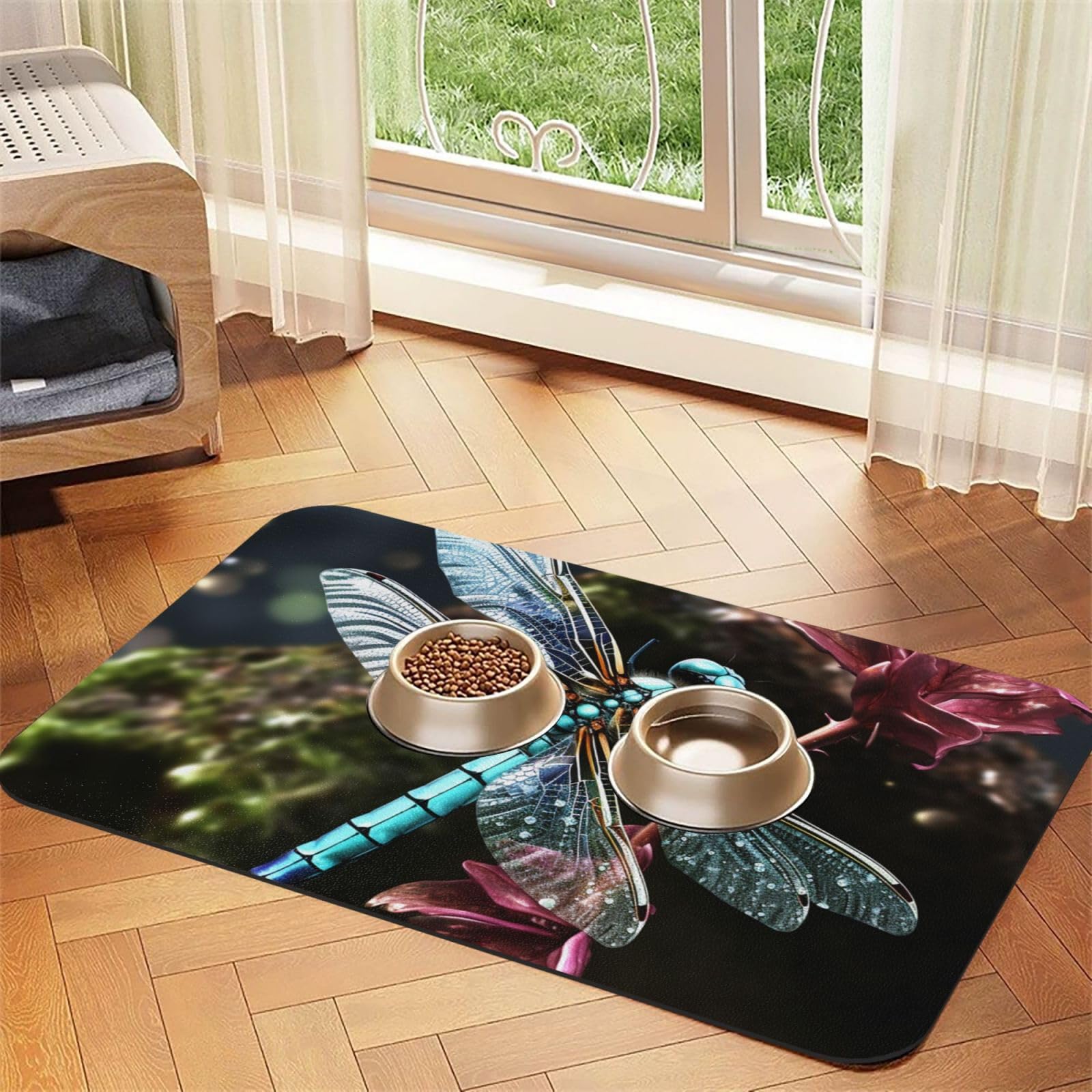 Tapis de gamelle motif libellule bleue pour protéger le sol de la cuisine