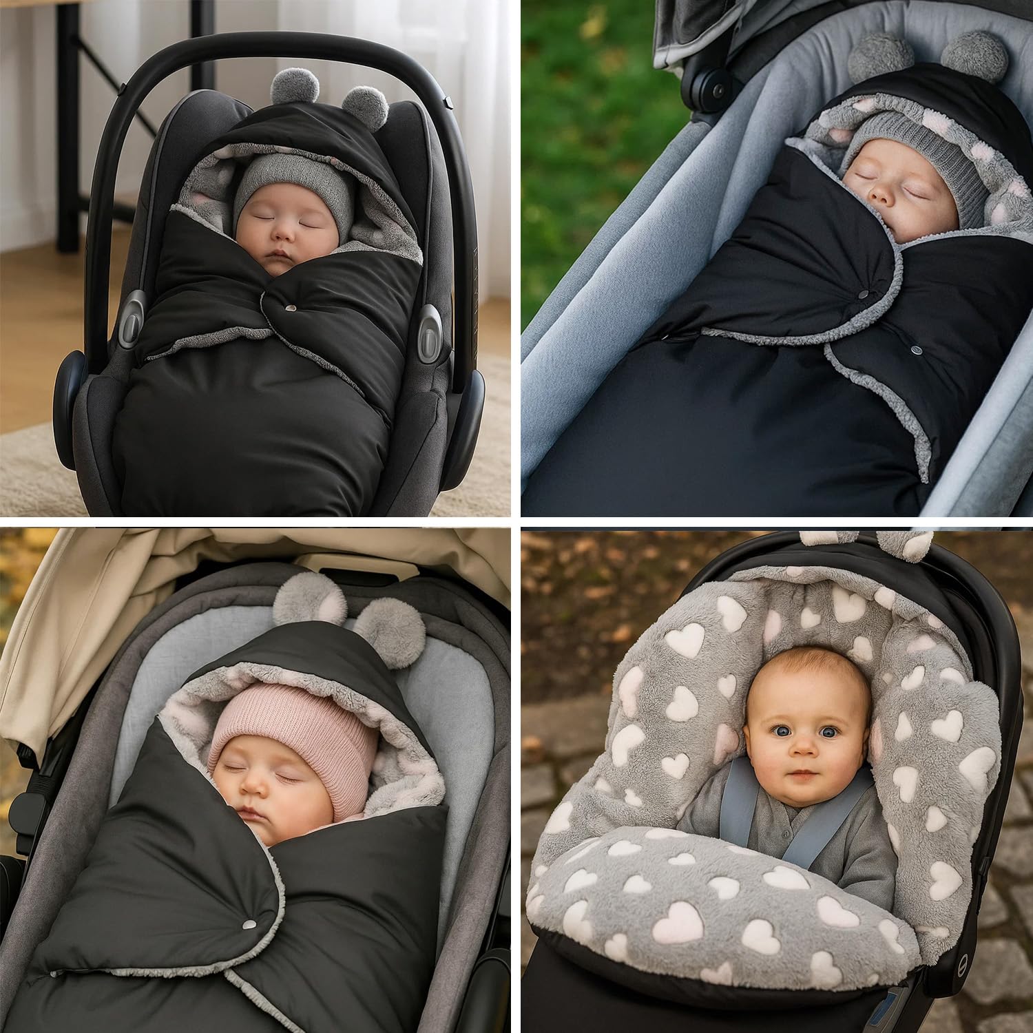 Einschlagdecke für Babyschale – Warmer Fußsack für Baby, Kuschelige Babydecke für Kinderwagen, Kindersitz & Babybett, Ideal für Herbst & Winter, Made in EU (605.020 Grau/Herz rosa)