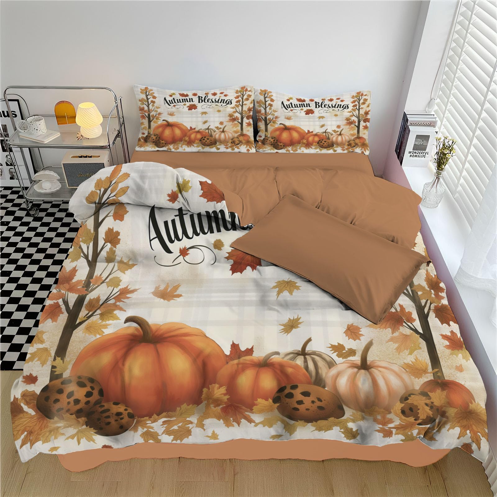 Juego de Cama Reversible Otoño Calabaza, Nórdica Estampada Edredón Vintage Arte, Beige Juego de Funda de 150x220cm 2 con 2 Fundas de Almohada para Cama de Matrimonio