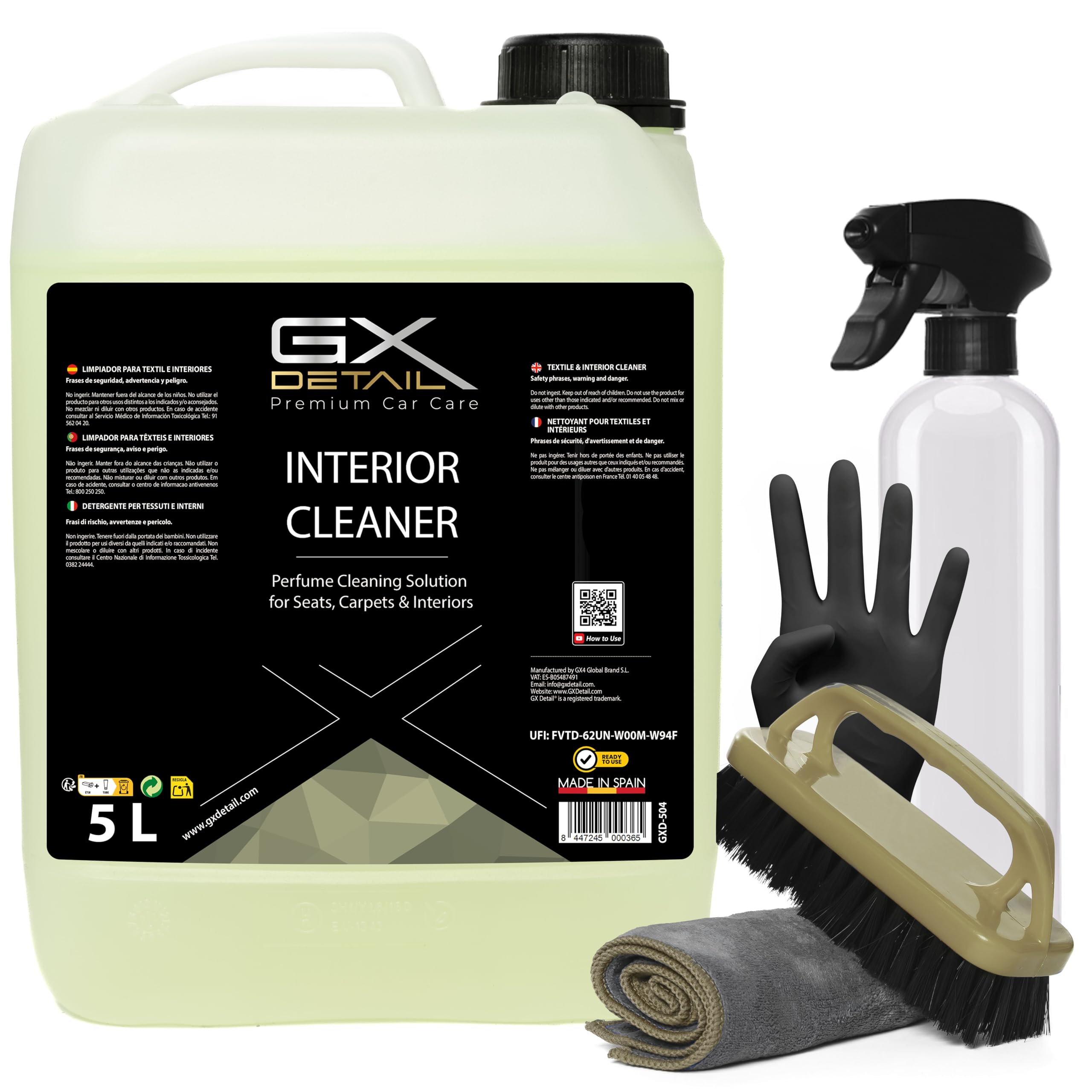 GxDetail Limpia Interiores y Tapicerías para Coche 5 Litro – Elimina Manchas, Suciedad y Olores – Fórmula Potente y Segura para Tela, Cuero y Alfombrillas – Acabado Profesional y Fácil Aplicación
