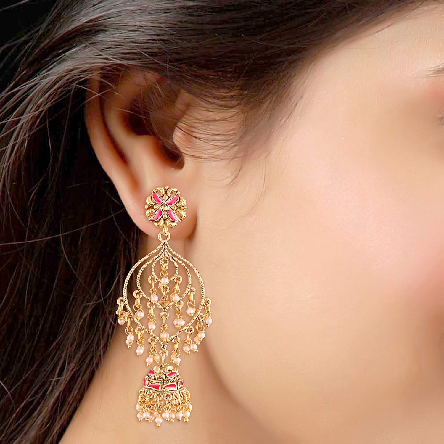 Aheli Stylish Gold Tone Indian Traditional Jhumki Dangle Earrings Ethnic Wedding Bollywood Fashion Jewelry Gift for Women