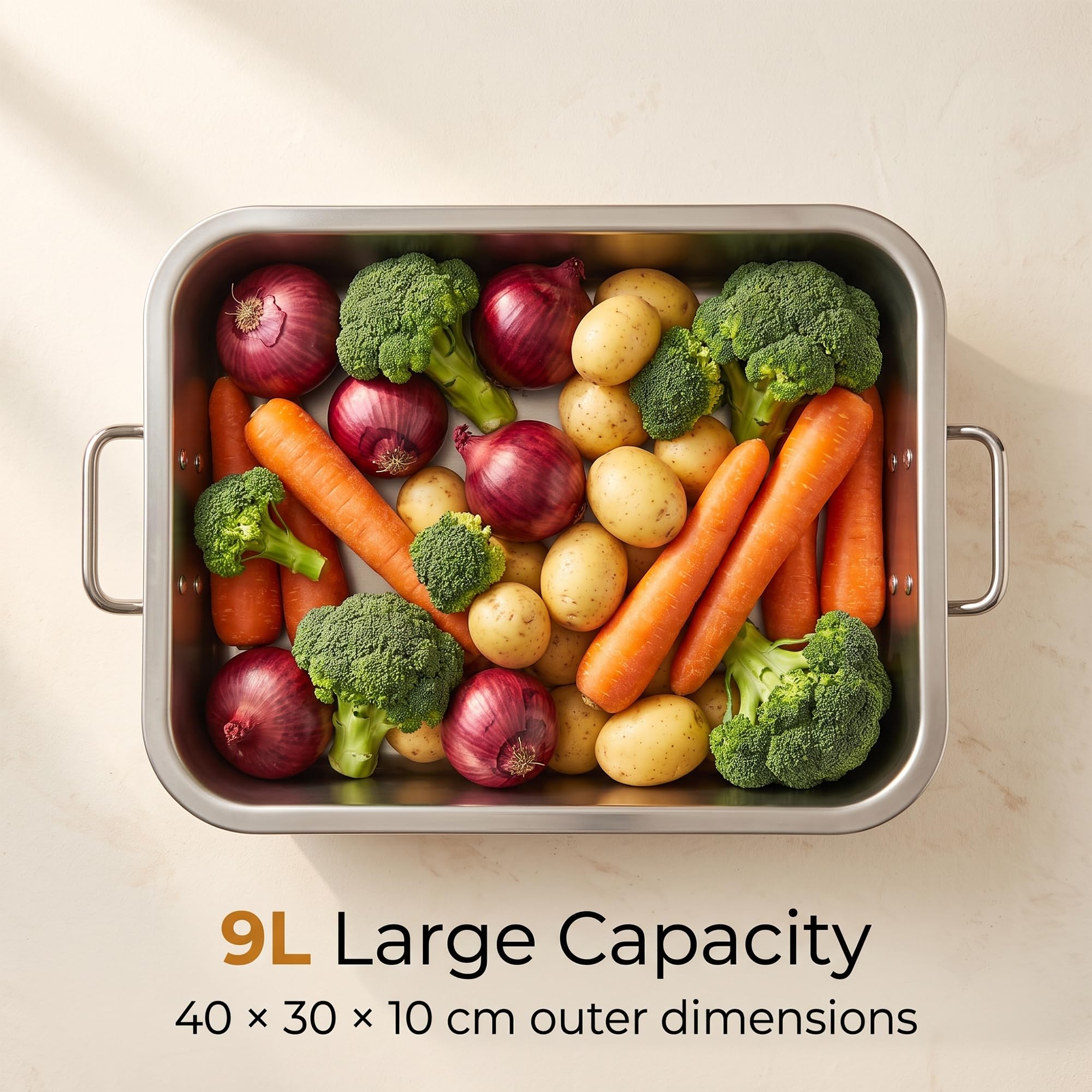 FUNSUEI Grand plat à rôtir en acier inoxydable – 40 x 30 x 10 cm – Plaque de cuisson profonde avec poignées, pour dinde, gigot d'agneau, légumes, capacité de 9 L, passe au lave-vaisselle