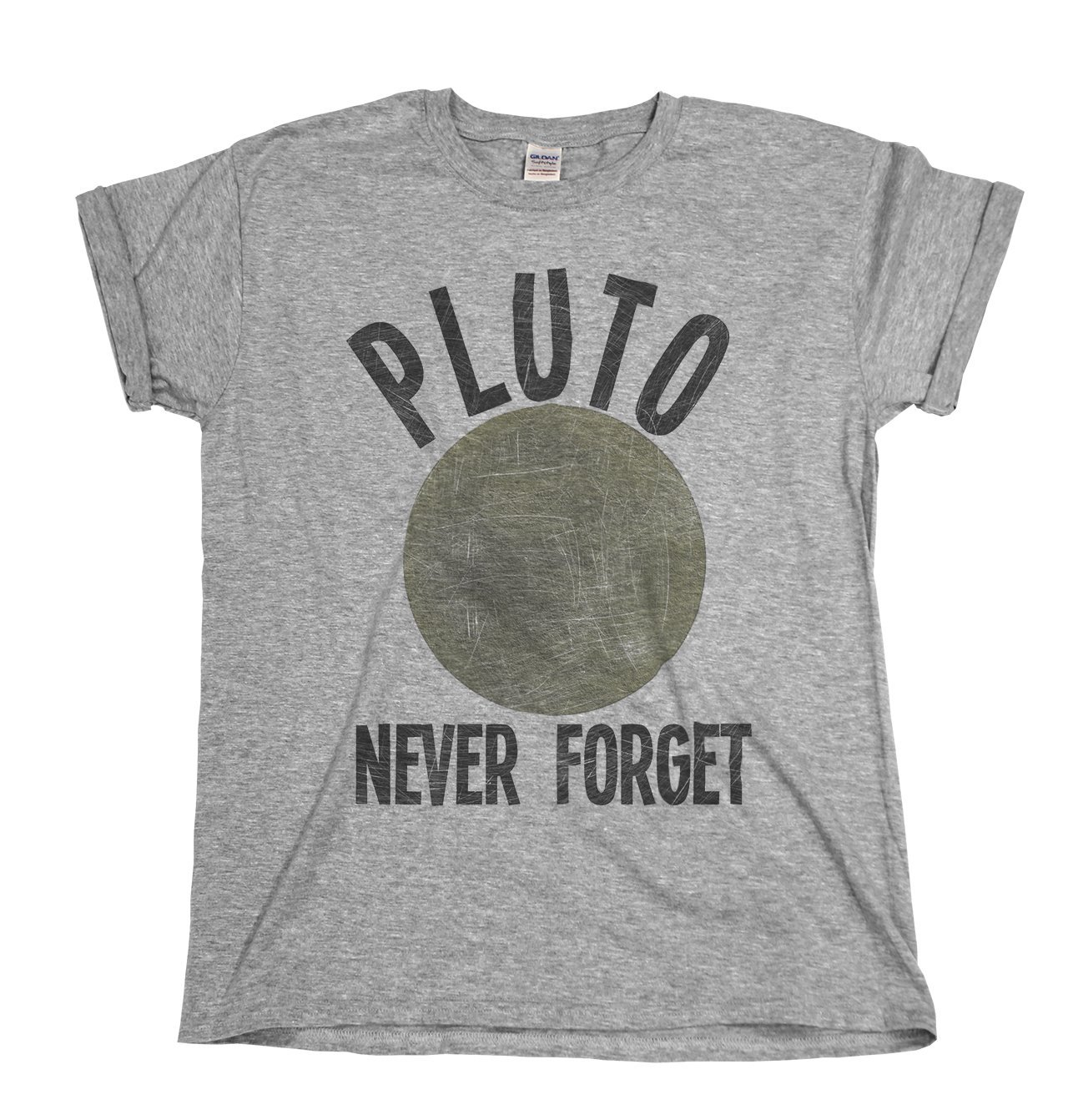buzz shirts Pluto Never Forget - Mens or Womens Organic Cotton Planet Space T-Shrit Grey