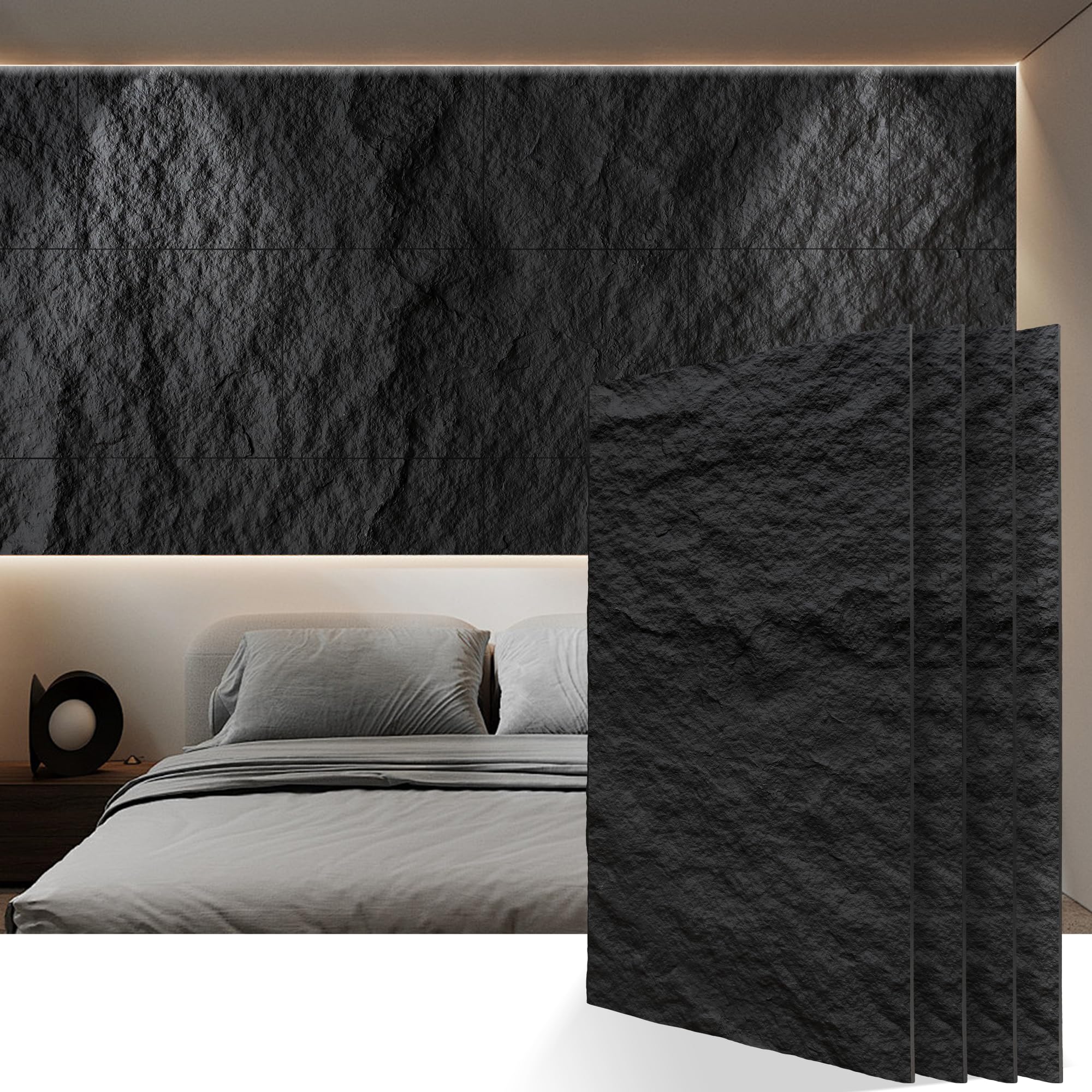 Photo 1 of KASARO PU 3D Faux Stone Wall Panels, 4 PCS Wainscoting Panel for Interior Wall Decor, Cement Texture Accent for Home, Office, 47.2×23.6inch, Dark Black