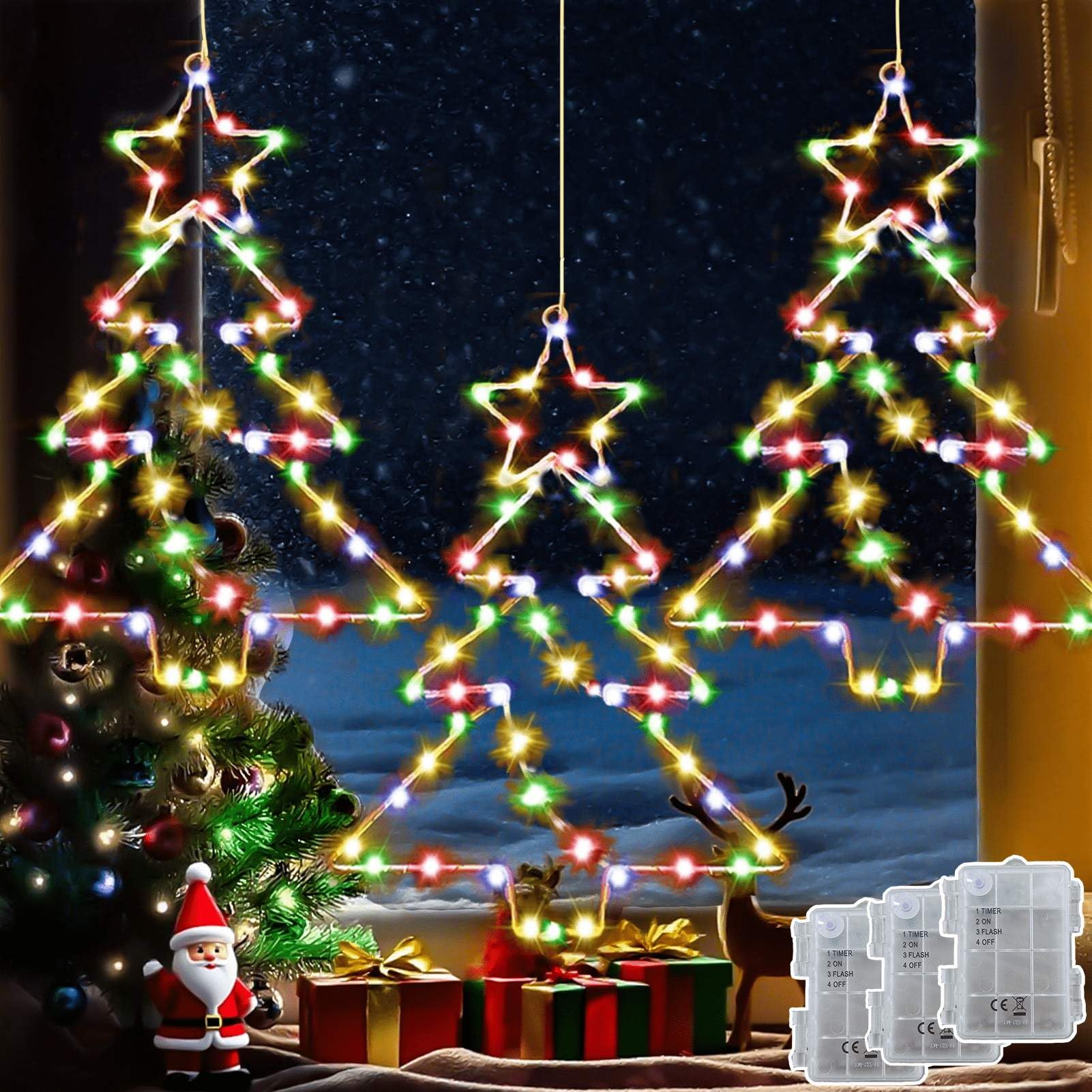 Joycome Christmas Window Lights 3 Pack 55 LED Hanging Battery Operated Christmas Tree Light with Timer, Waterproof Xmas Tree Window Lights for Party Indoor Outdoor Xmas Decoration - Multicolor