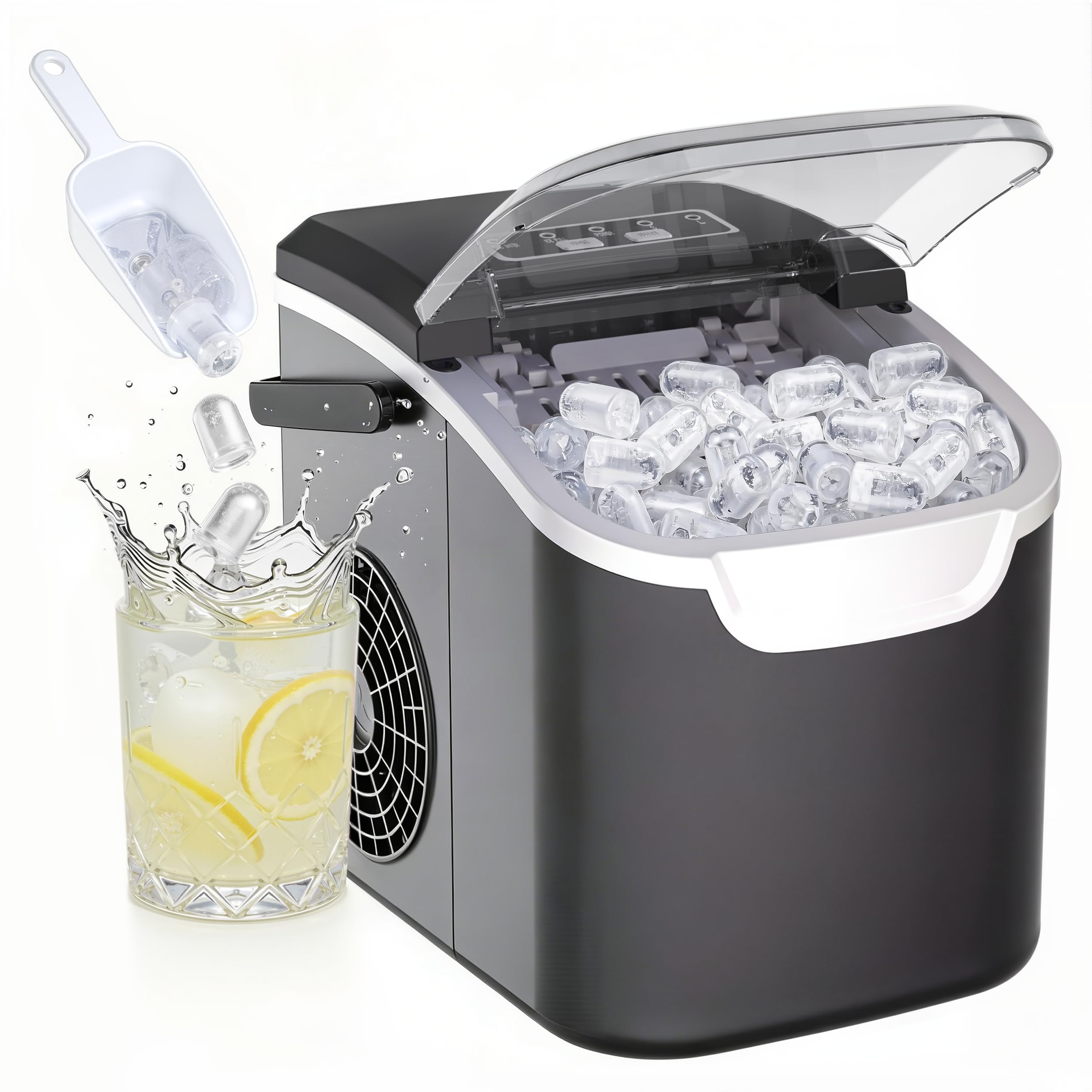 Kismile Portable Ice Maker Countertop, 8 Ice Cubes in 6 Mins, 26lbs/24H, Compact Ice Maker Machine with Carry Handle, Basket & Scoop, Self-Cleaning, for Home, Kitchen, Office,Black