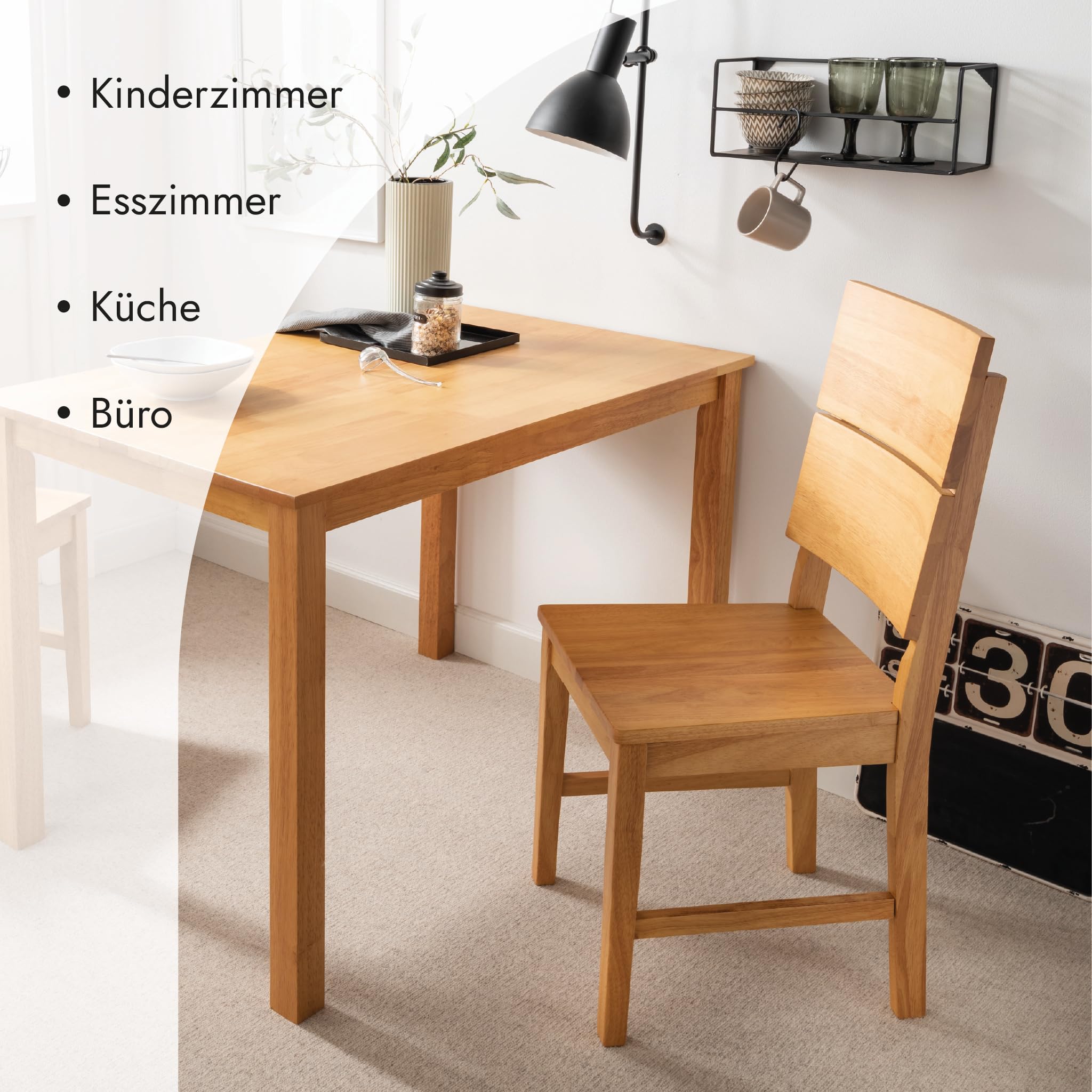 Woodroom Kota 2er Stuhl-Set – Massivholz Hevea, Eiche lackiert & pflegeleicht, Moderne Küchen- & Esszimmerstühle im schlichten Design