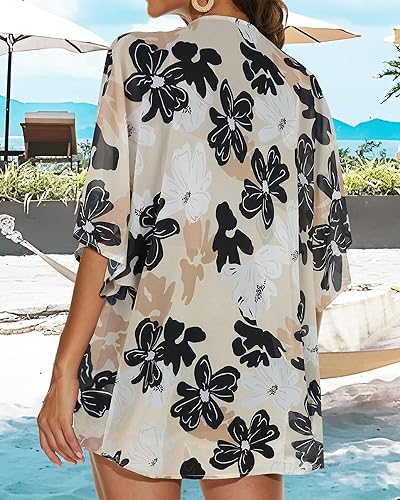 Miniatura 5 de Cárdigan estilo kimono con estampado floral para mujer, con mangas abullonadas, blusa informal, salida de baño