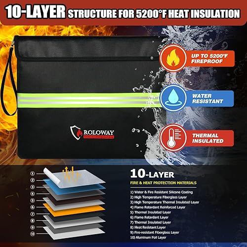 Miniatura 2 de ROLOWAY Bolsa de documentos ignífuga (14 x 11 pulgadas) con capa de papel de aluminio mejorada de 5200 , bolsa ignífuga para documentos con tira
