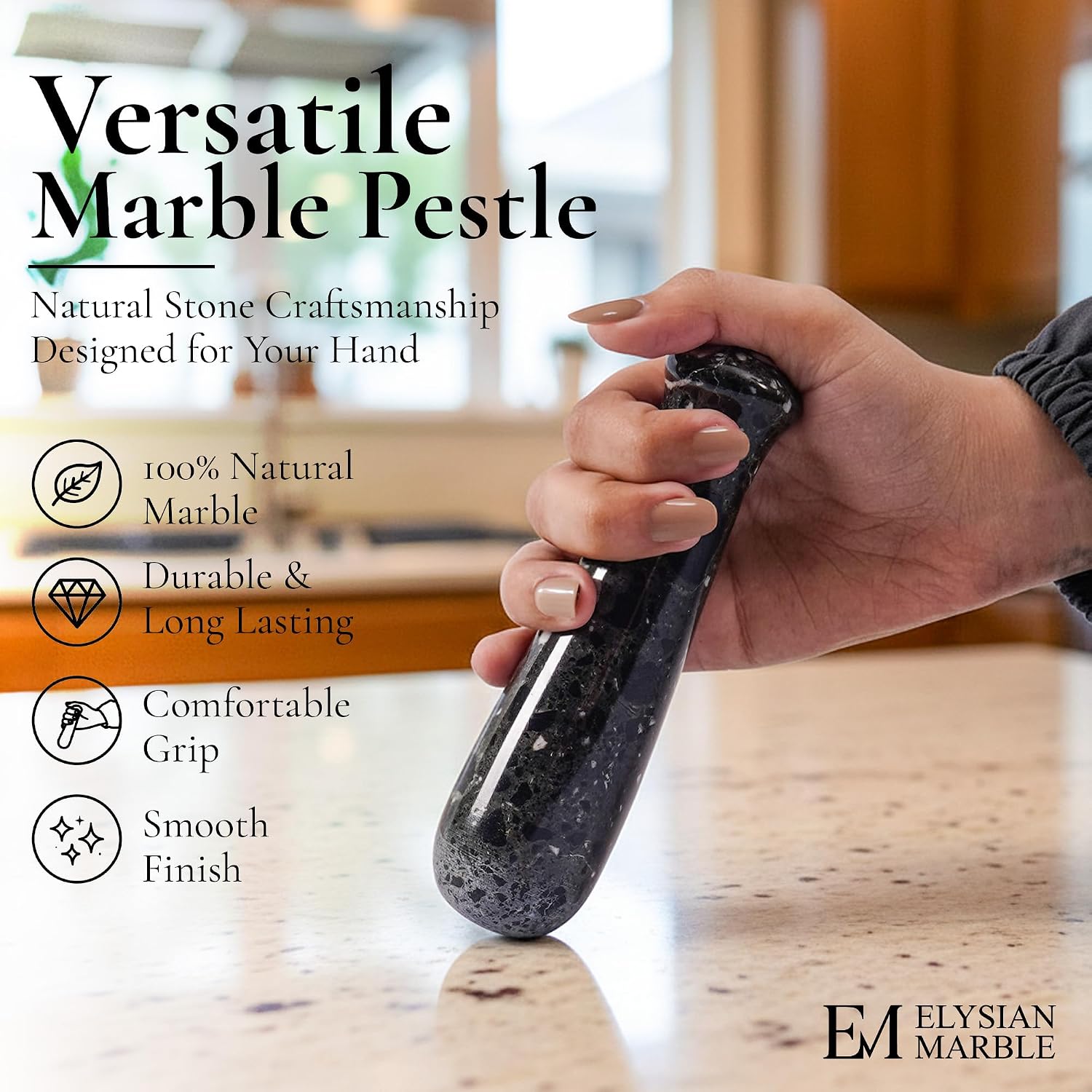 Marble Pestle Only Zebra Black, Natural Stone Replacement Pestle 5.5 Inch for Mortar and Pestle Set, Handheld Spice Grinder Tool for Herbs, Garlic, Seeds, Seasoning & Kitchen Essentials