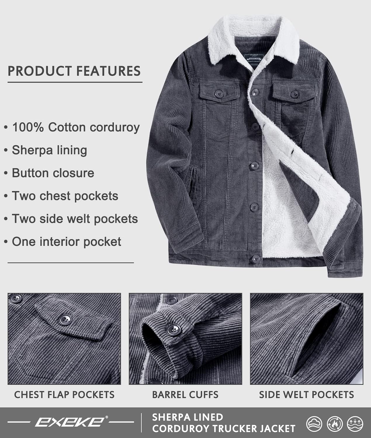 EXEKE Men's Corduroy Jacket Sherpa Lined Trucker Jacket Thickened Thermal Winter Jacket