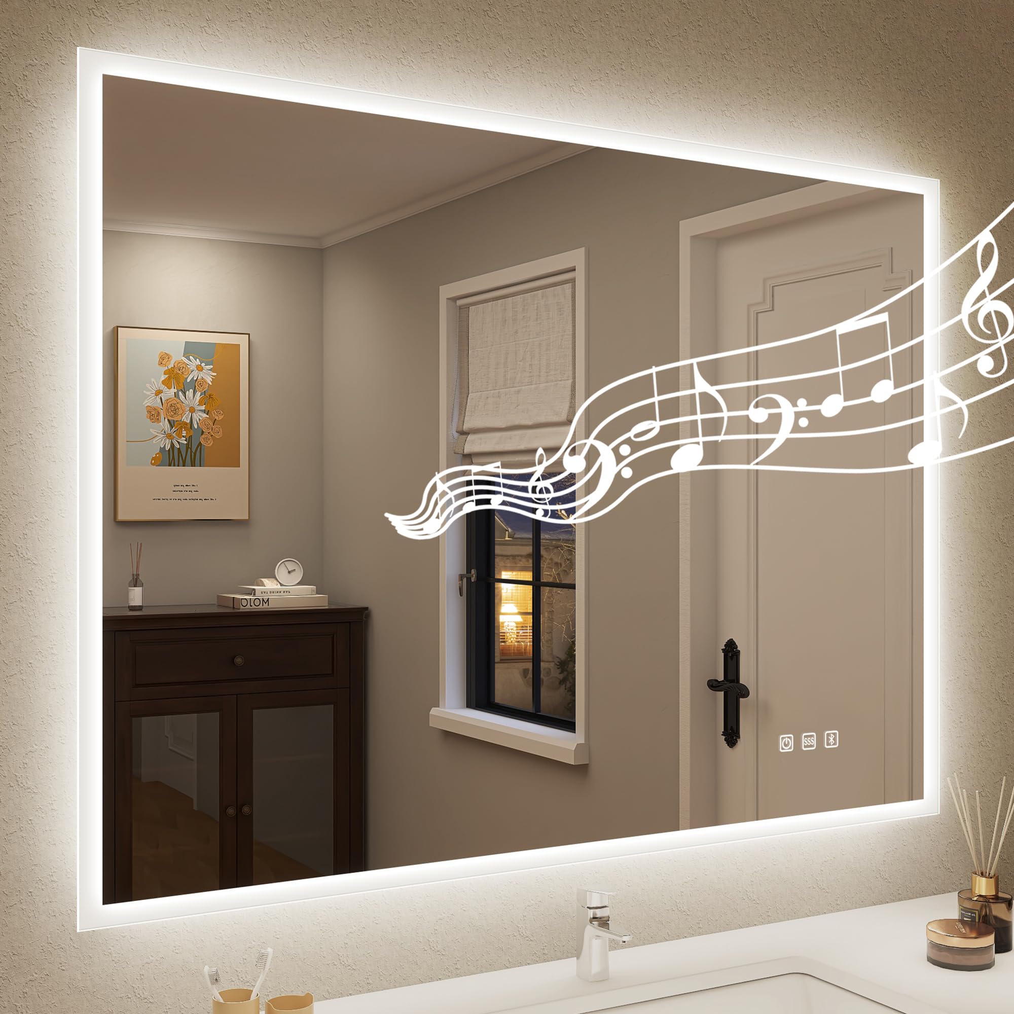 STARLEAD Badspiegel-mit-Beleuchtung, Dimmbar, 3 Farbtemperaturen, Bluetooth, Entfoggen, Speicherfunktion, IP44, Hartglas, 5X Lupe Vergrößerungsspiegel, Horizontal/Vertikal
