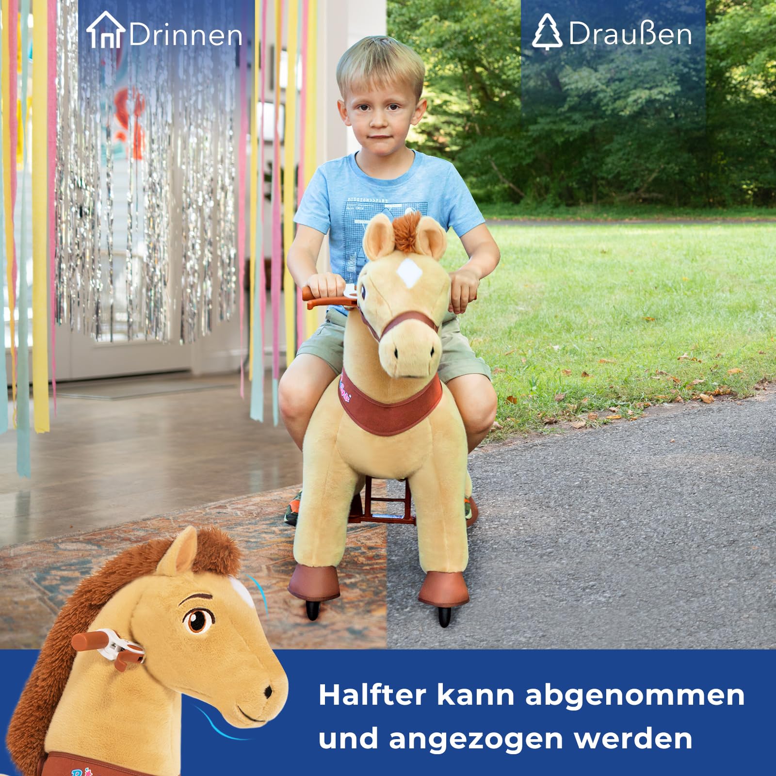 PonyCycle® Schaukelpferd auf Rollen | für Kinder 4–7 Jahre, 90cm | Hellbraunes Plüsch Reitpferd mit Handbremse | Stehpferd, Schaukeltier, Indoor & Outdoor | Basis Modell E – E436