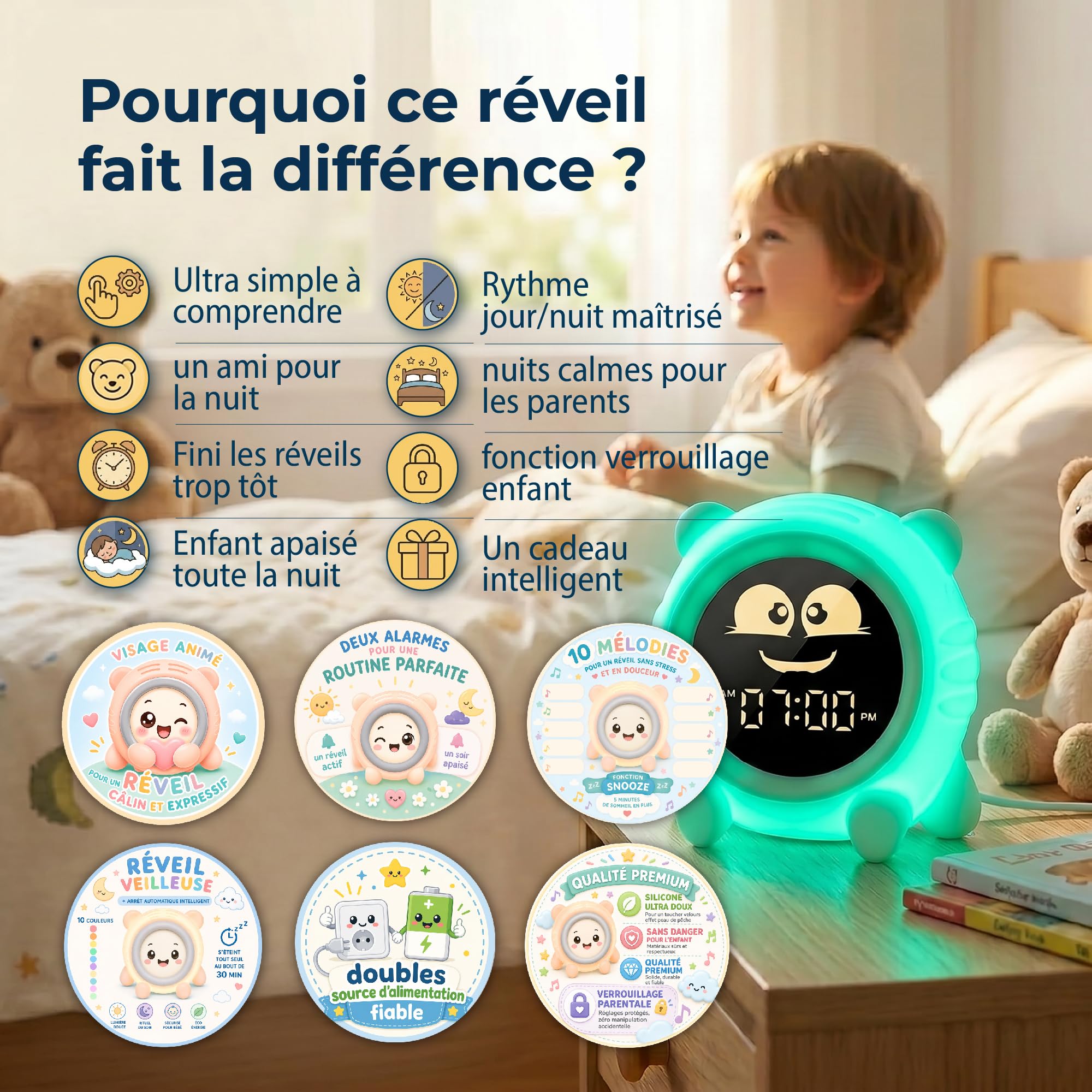 ANTIKOLOR Reveil Enfant éducatif Jour Nuit - Horloge Apprentissage Fille et Garcon - veilleuse bébé - dés 3 Ans