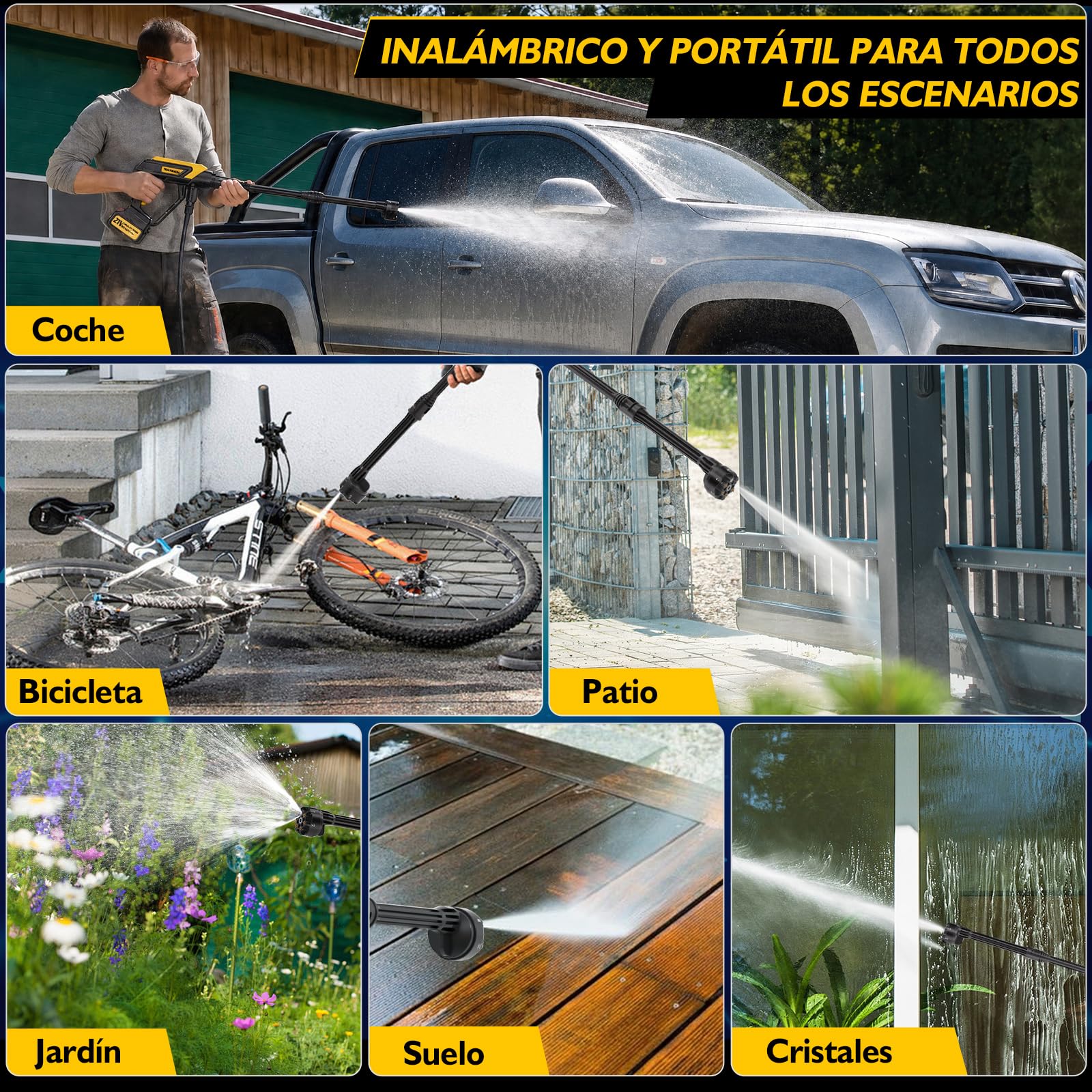 Limpiador de alta presión inalámbrico Traumheim 21V 68Bar – 2 baterías de 4000mAh, juego de 17 piezas, limpiador portátil para auto, terraza y jardín