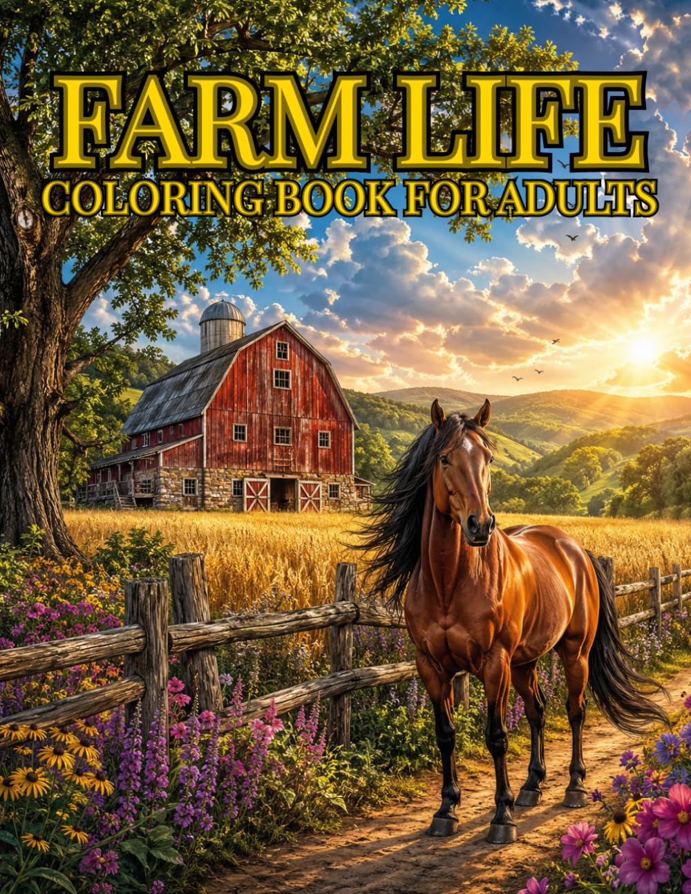 Farm Life Coloring Book for Adults and Teens: 40 Detailed Country Scenes with Farm Animals, Barns, Horses, Gardens and Countryside Landscapes Stress Relief Coloring Book for Nature Lovers
