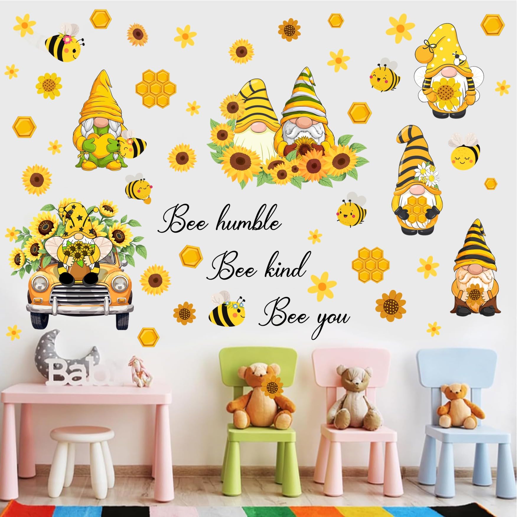 TOARTi Bee Gnome Wall Decals Children Inspirational Religious Wall Sticker Thanksgiving Window Clings Sunflower Gnome Wall Decor Stickers for Rewards Classroom School Decoration