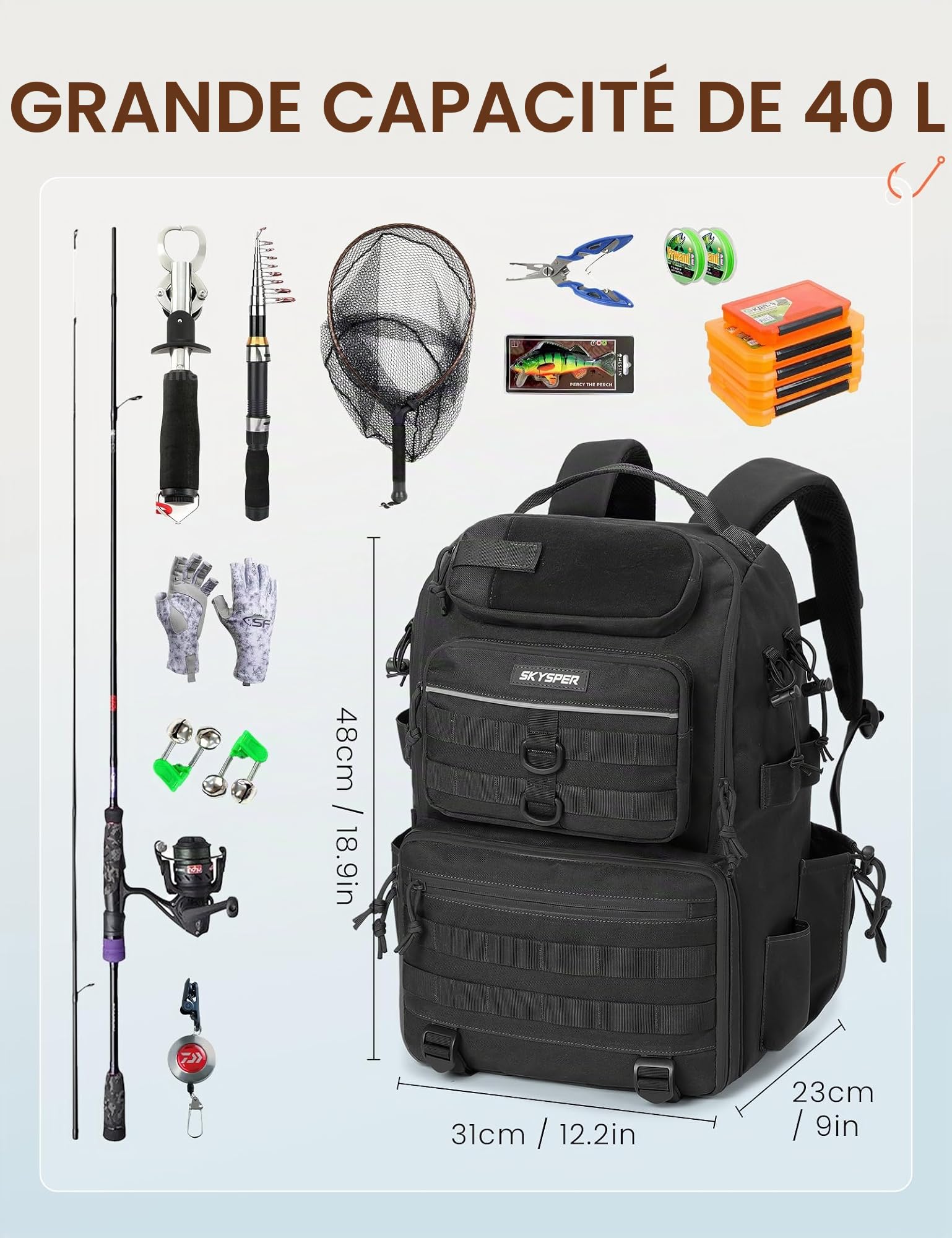 SKYSPER Sac à dos de pêche 40 L avec porte-cannes pour homme | Sac à dos de pêche avec compartiment réglable pour le matériel de pêche