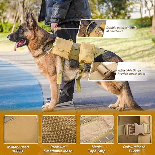 Miniatura 2 de AIWAI Arnés táctico para perro con bolsas, arnés de chaleco para perros grandes y medianos con paneles de gancho y bucle, arnés militar ajustable