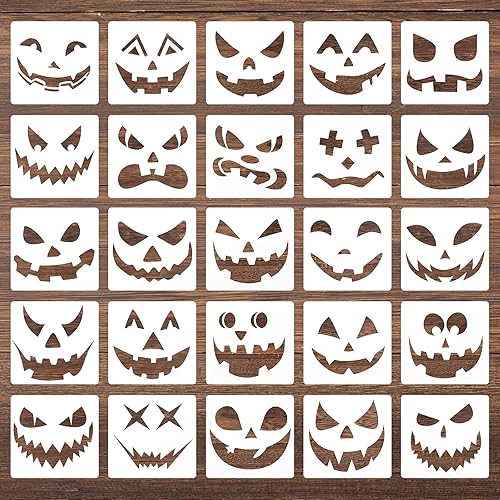 SAVITA 25 plantillas de plástico de calabaza de 5.1 x 5.1 pulgadas para Halloween, plantillas de dibujo grandes reutilizables para Halloween,
