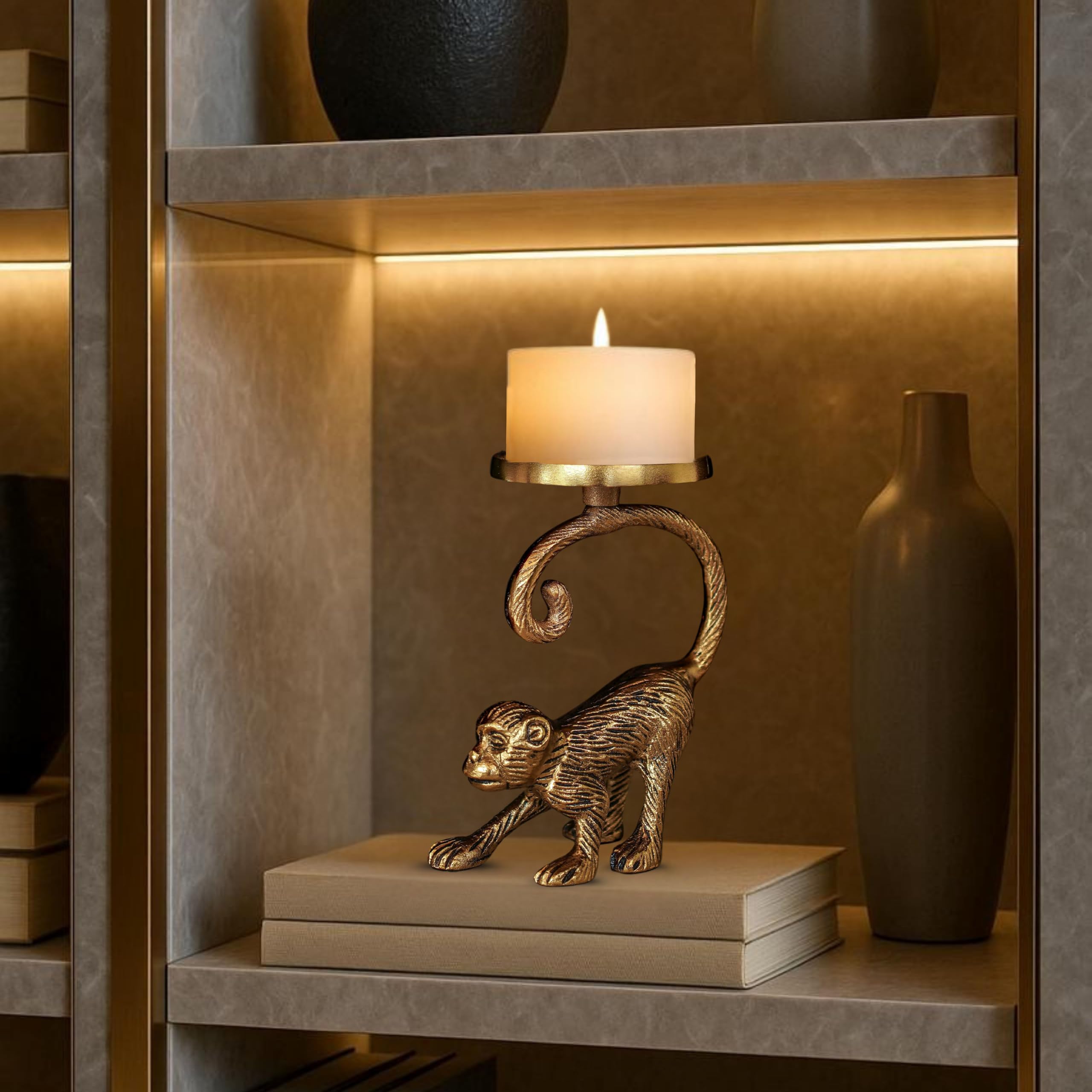 BEHOMA Aluminium Monkey Pillar Candle Holder Stand, Gold 4